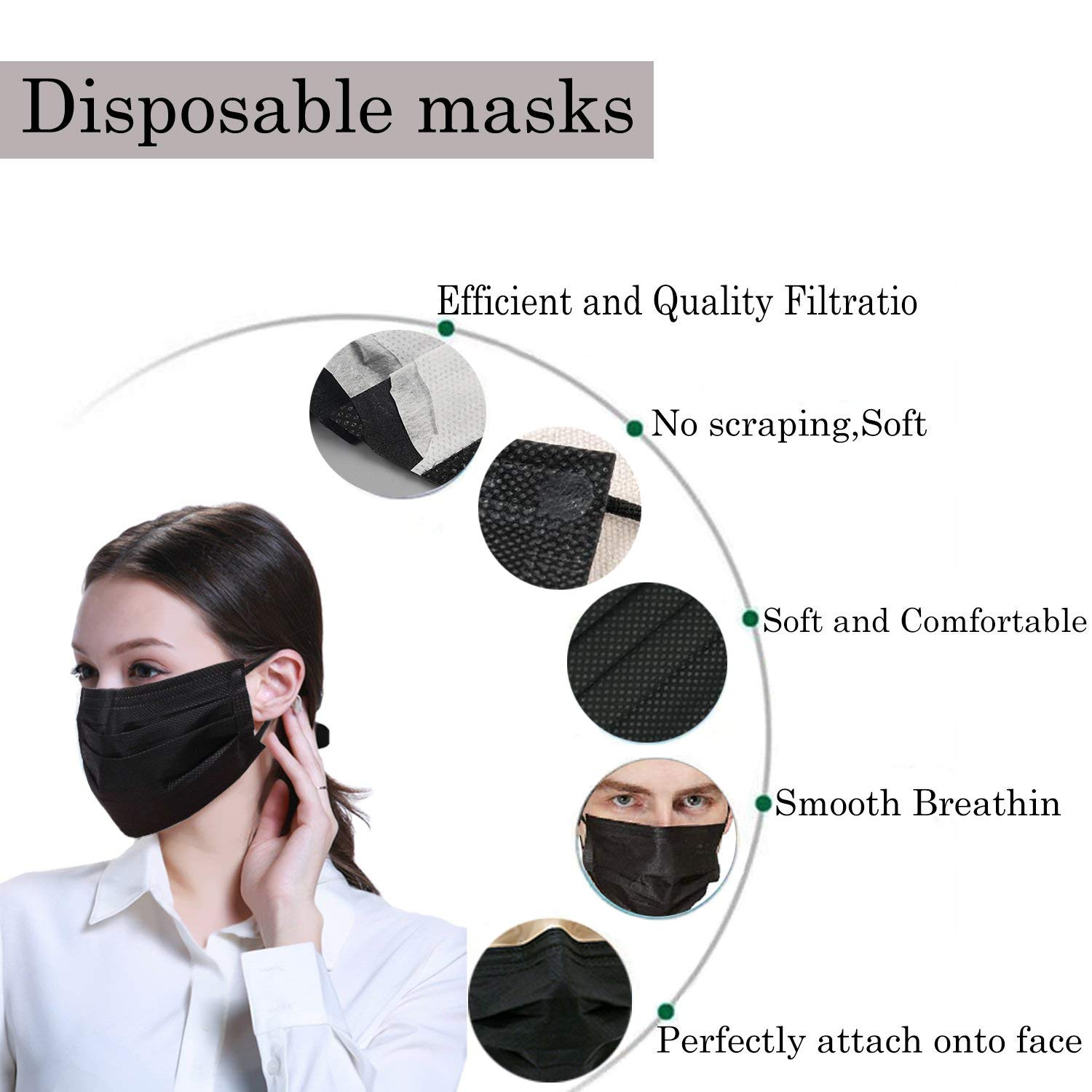 100 PCS Black Masks, Disposable Face Mask, 3 Ply Protection Masks