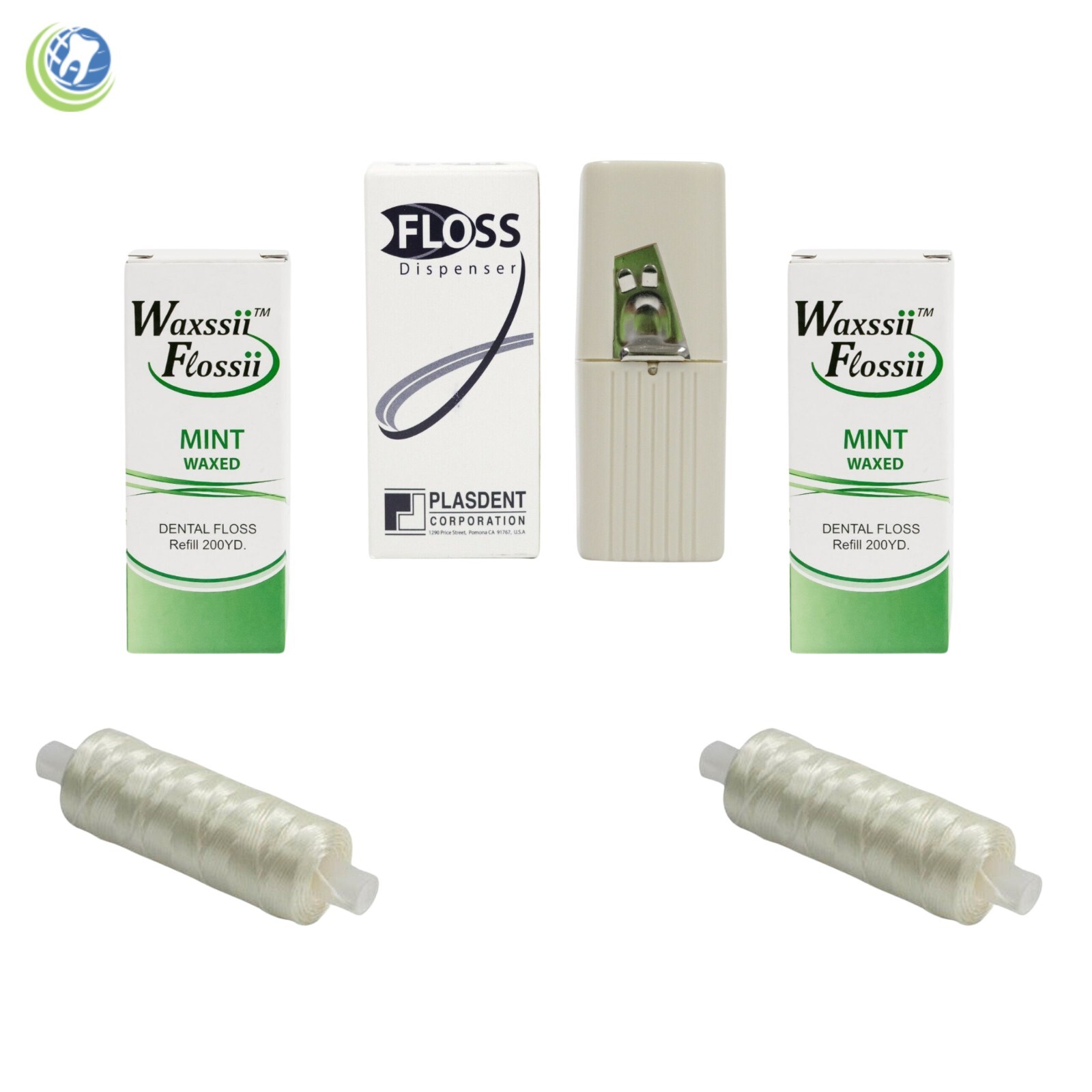 DENTAL PROFESSIONAL FLOSS DISPENSER & 2 WAXED MINT FLAVOR SPOOL REFILLS 200 YD.