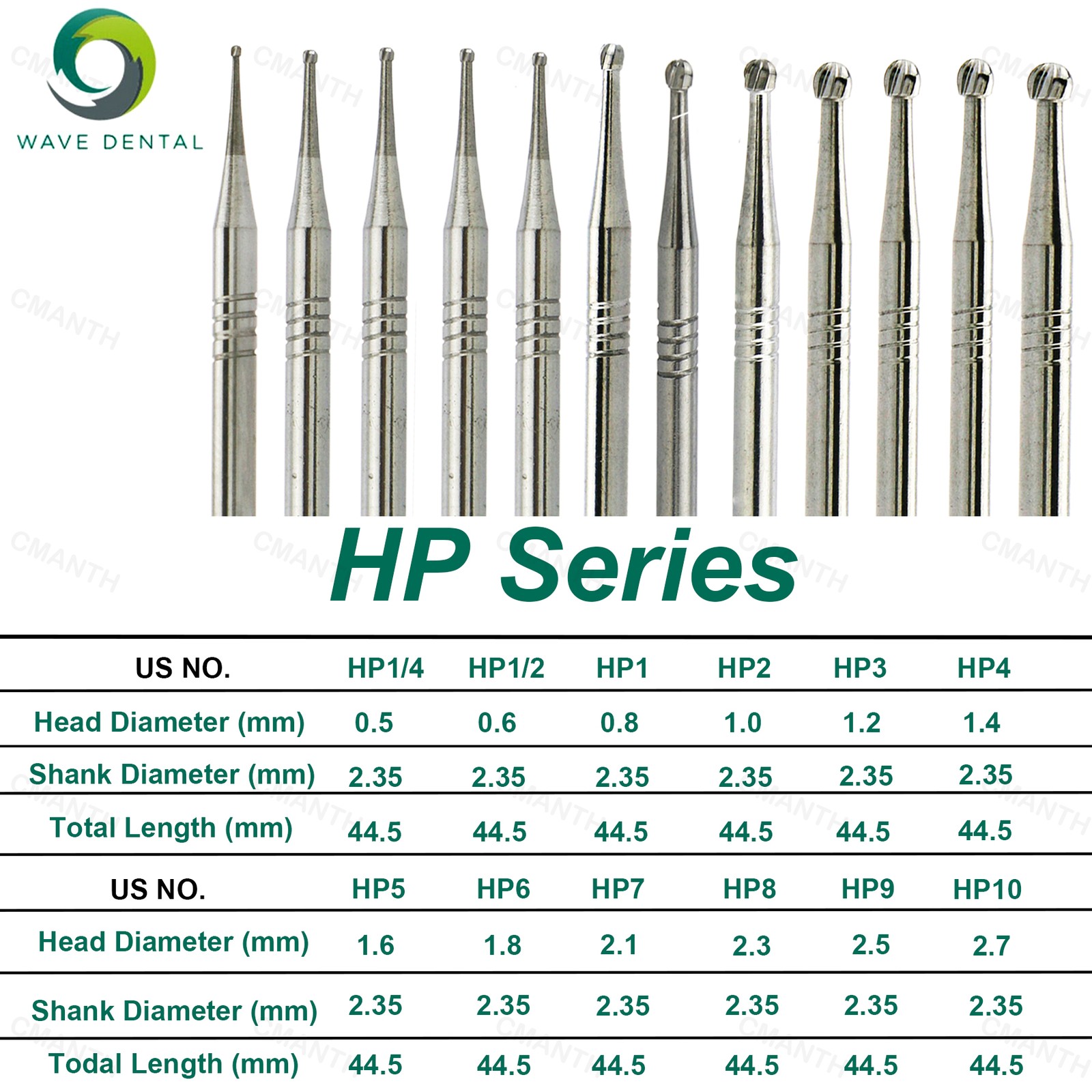 WAVE Dental Drill Bits Ball Round Head Tungsten Carbide Bur HP Series Dia.2.35mm