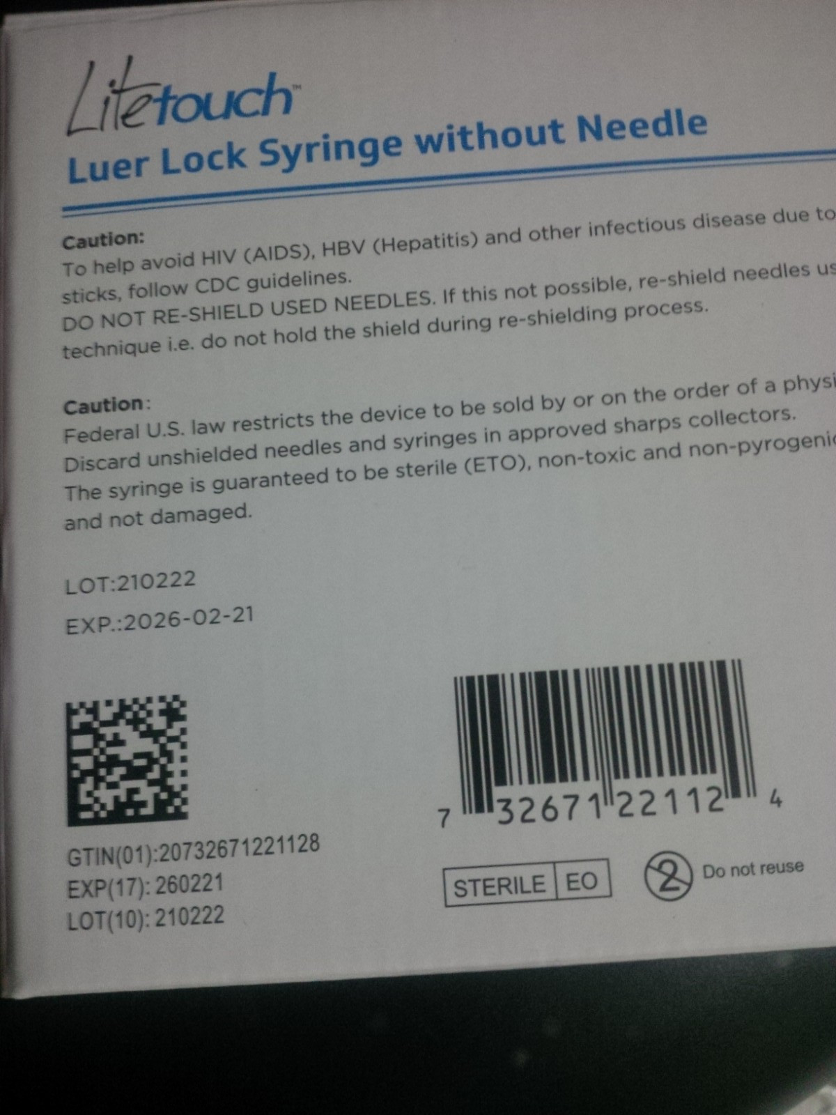 Litetouch Luer Lock Syringes without needle 100 Syringes 3cc/ml