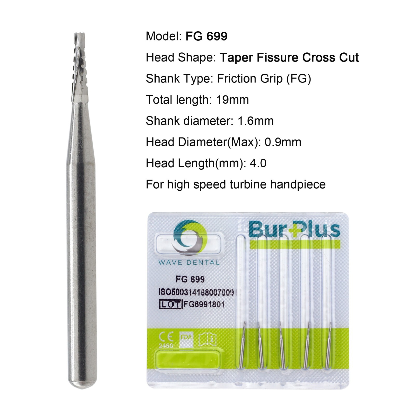 WAVE Dental Carbide Burs Taper Fissure FG 699 Friction Grip High Speed 19mm