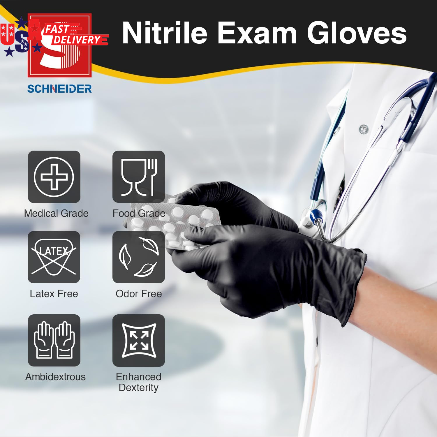 Nitrile Exam Gloves, Black Latex Free Powder Free Disposable Gloves for Medical,