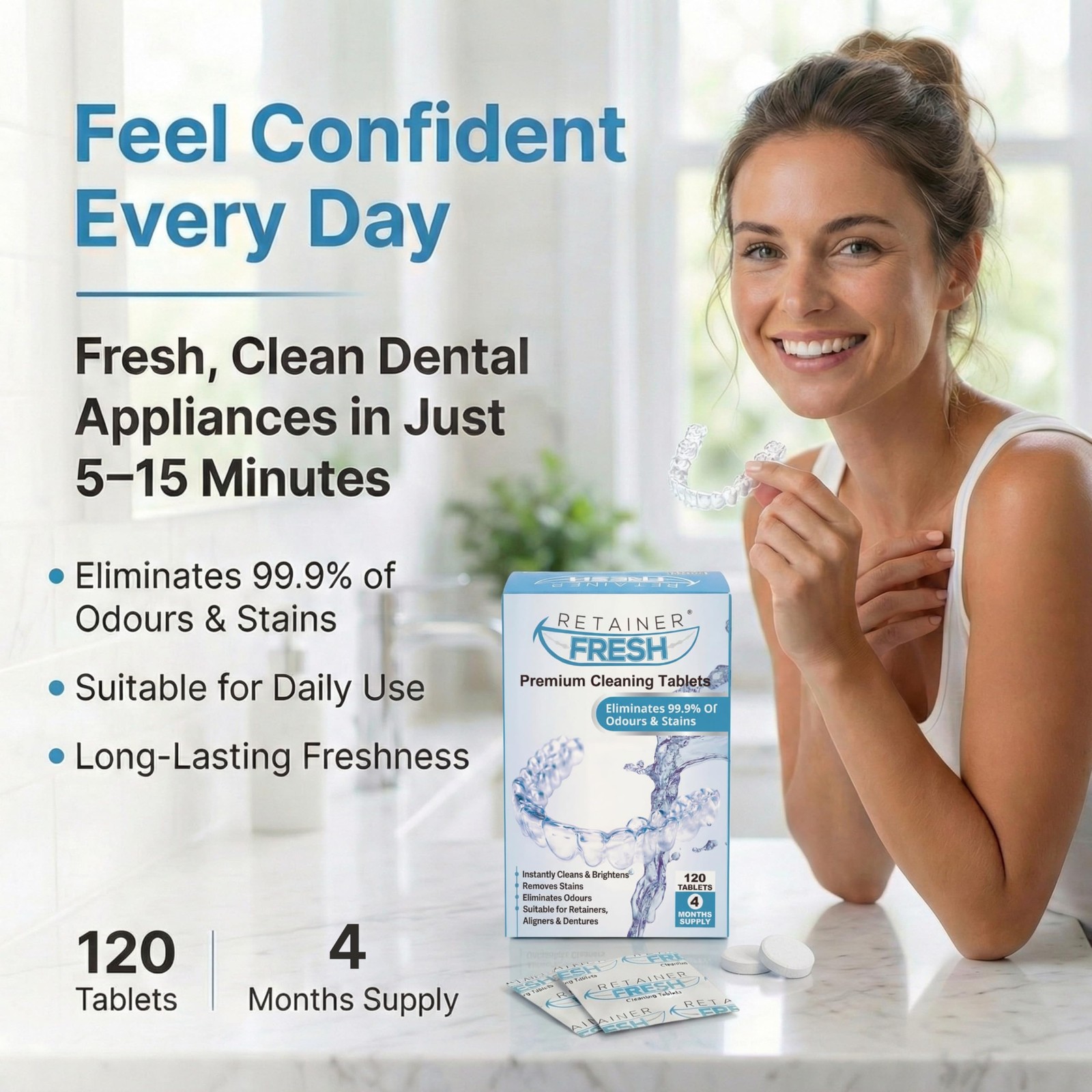 Retainer Cleaner Tablets 120 Tablets Mint Flavor – Freshens Dentures & Mouth