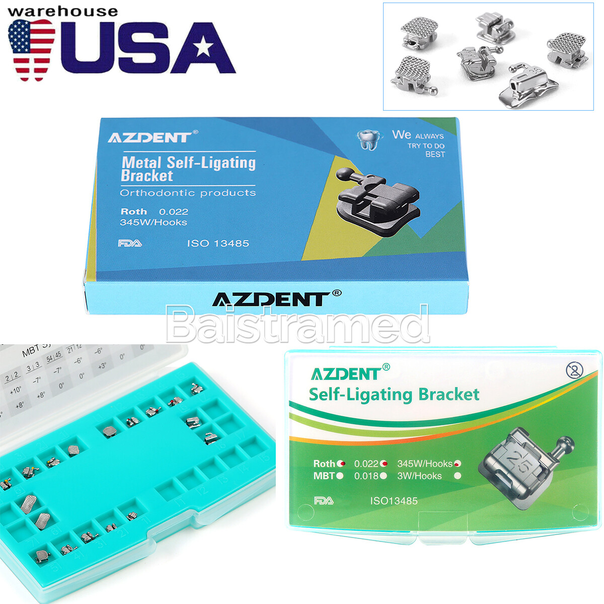 USA Dental Orthodontic Self-Ligating Brackets Braces Mini Roth MBT 022 Hooks 345
