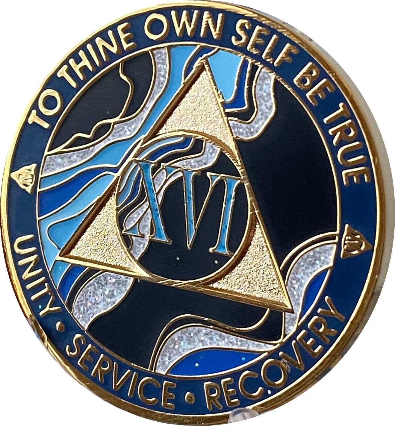 16 Year AA Medallion Elegant Marble Blue Wave Sobriety Chip Small,