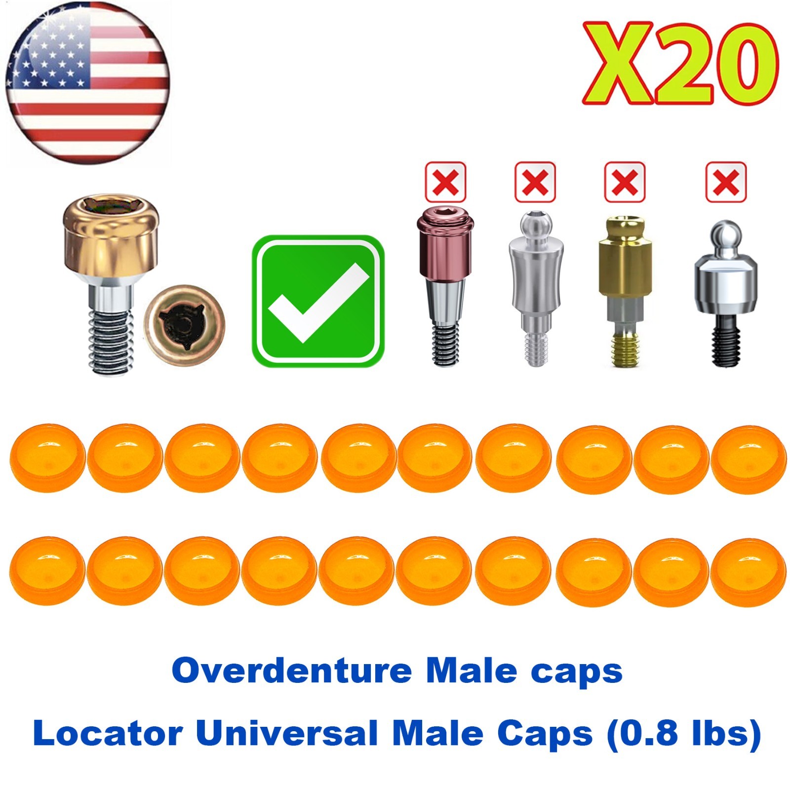 US Overdenture Locator Universal Implant Soft Retention Caps 0.8lbs Yellow Peek