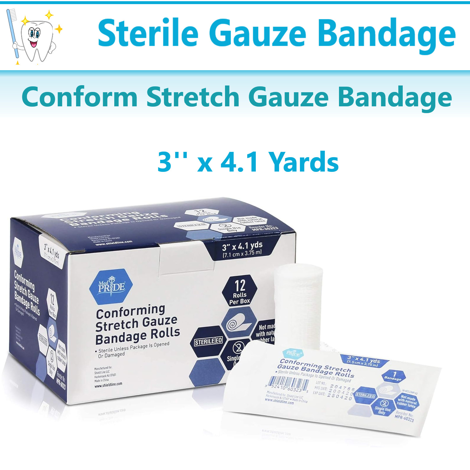 Sterile Conforming Stretch Gauze Bandages 3» x 4.1 Yards, 12 Rolls, Latex Free
