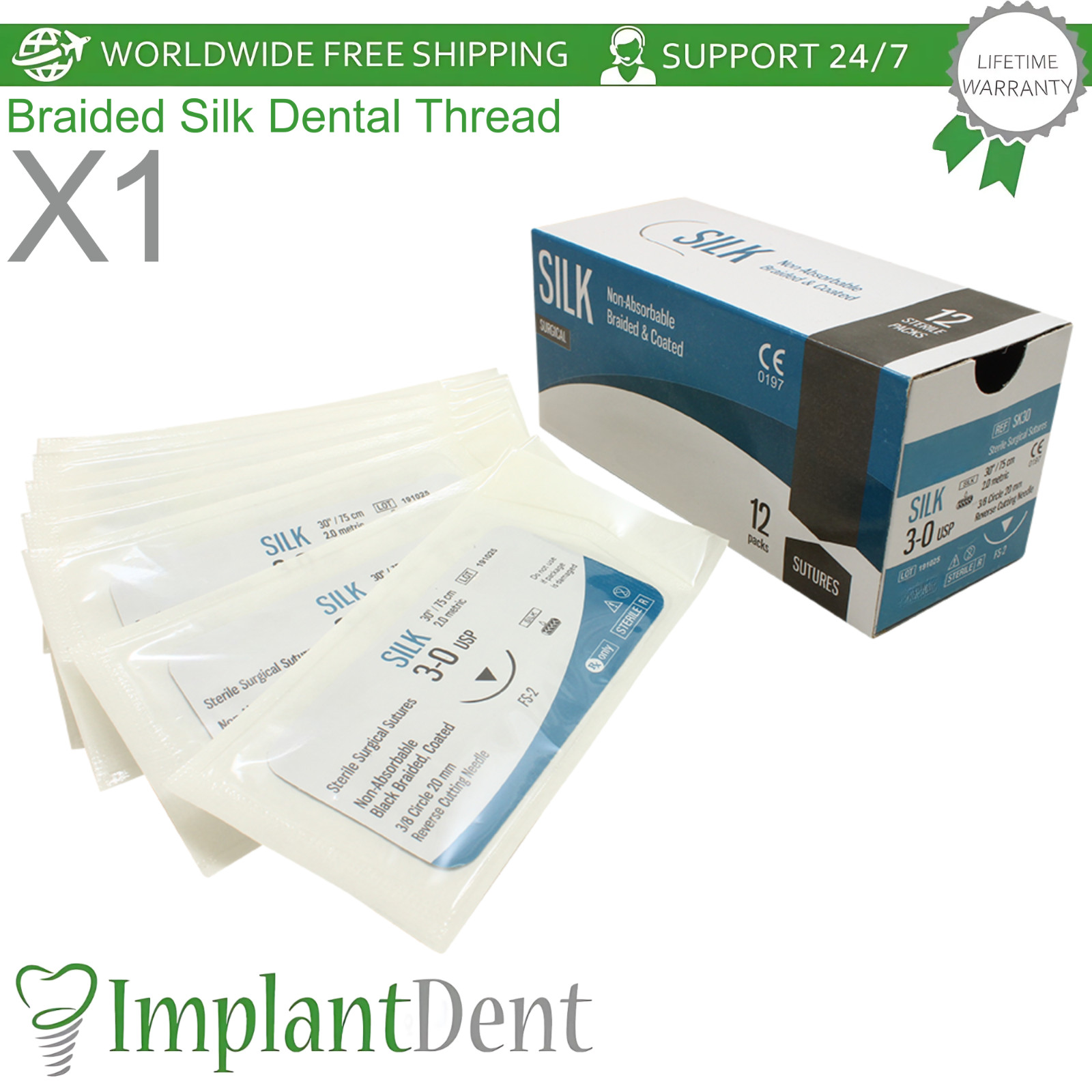Braided Silk Dental Thread Black Silicone 12pcs SteriIe Individual Packs