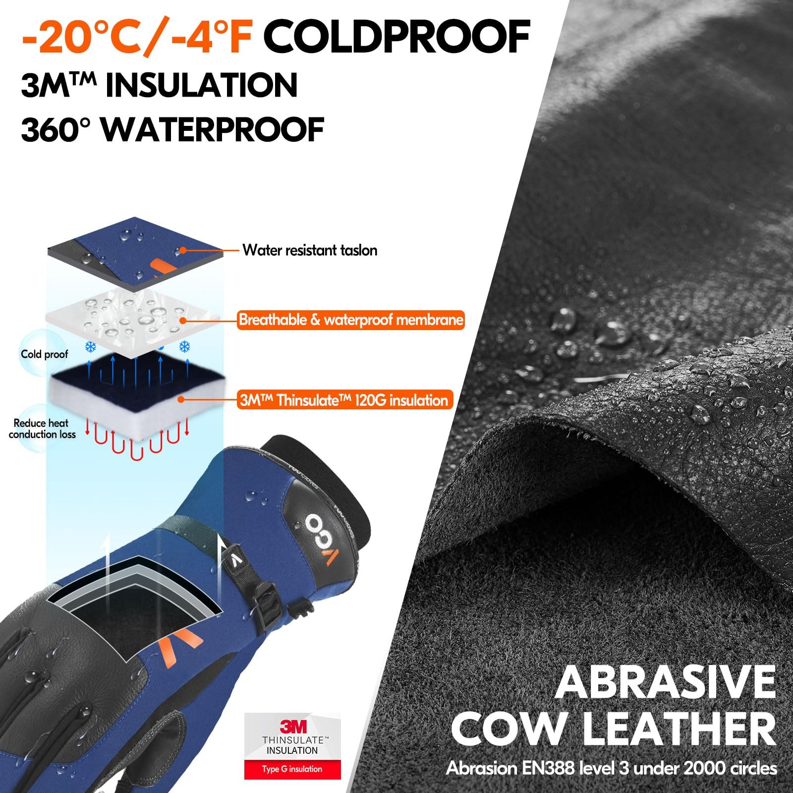 Vgo… -20/-4F Waterproof Winter Work Gloves Cold Weather Waterproof Work