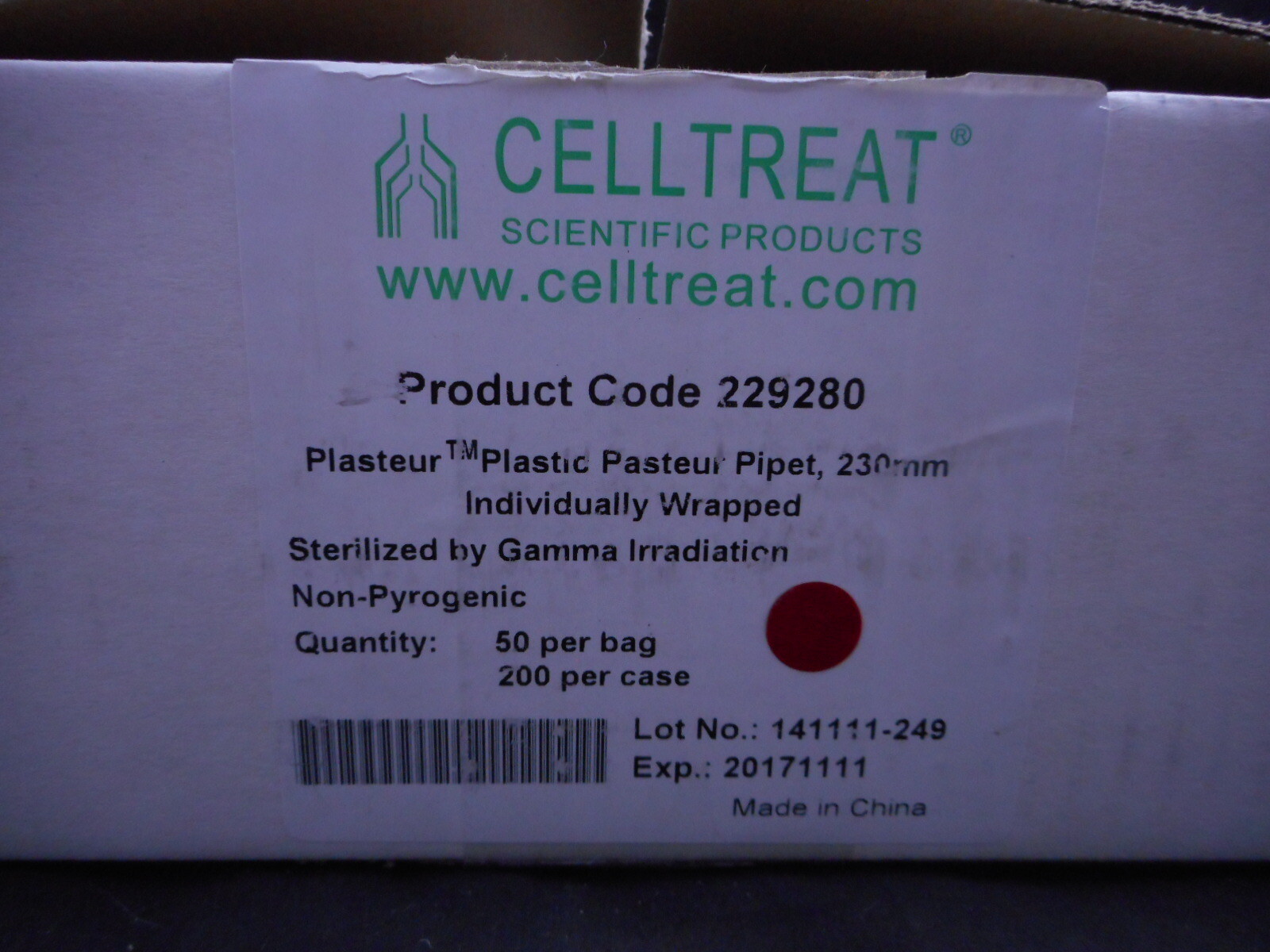 CELLTREAT 230mm Pasteur Pipet Serialized Non-Pyrogenic 229280 200/Pack