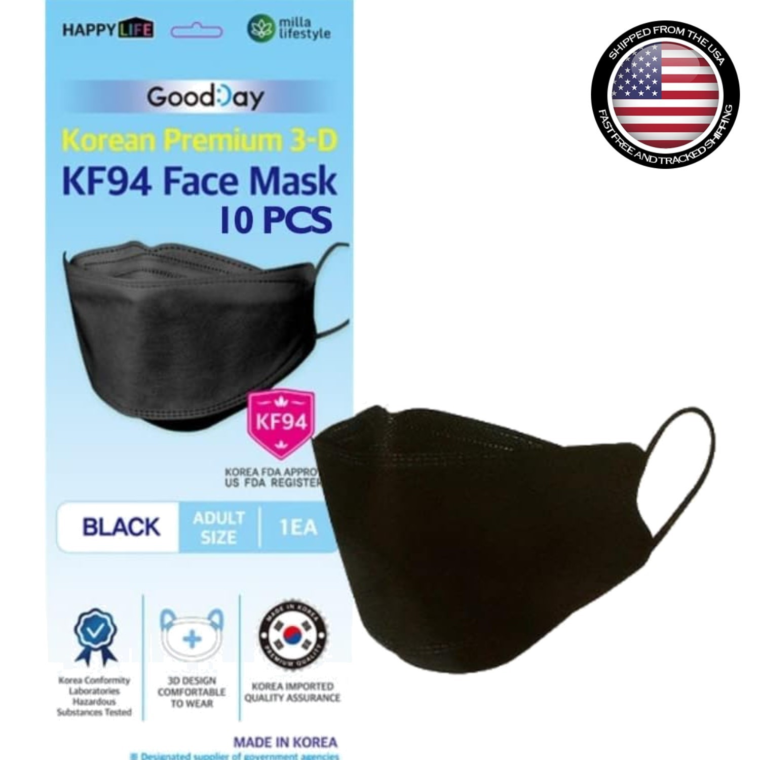 10 Pack KF94 Black Face Masks – Disposable, Ergonomic Design for Comfort