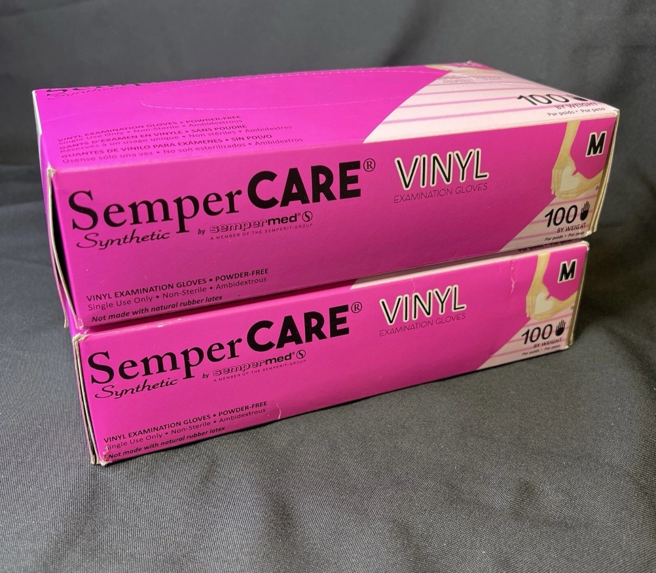 (2) Boxes •SemperCare Vinyl Exam Glove • Powder Free • MEDIUM • 100/Box