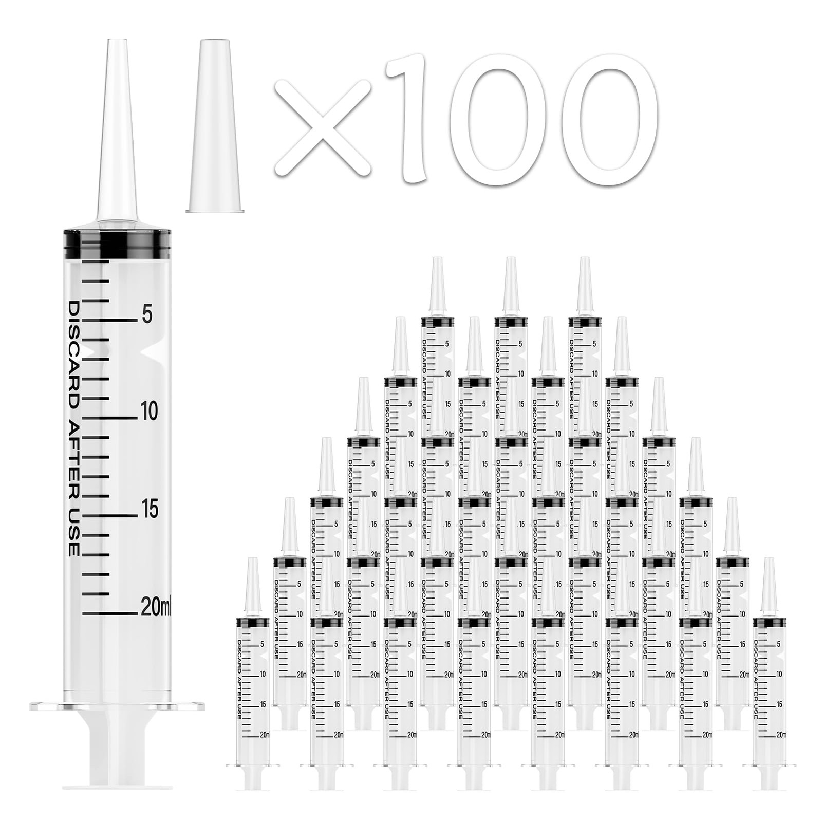 100 Pack 20mL Syringes, Plastic Syringes with Catheter Tip clear
