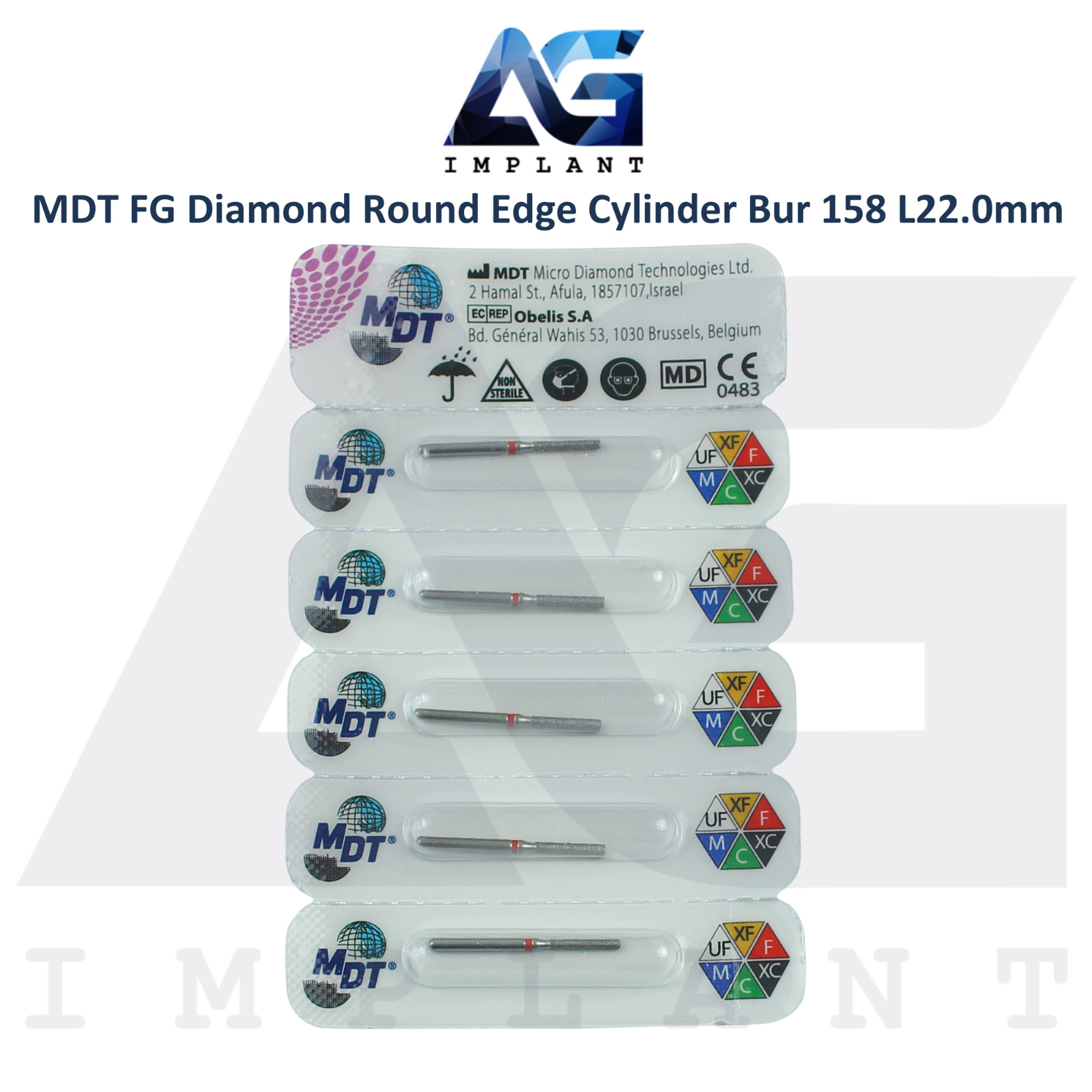 MDT Dental FG Diamond Coated Round Edge Cylinder Bur 158 L22.0mm Ø0.14mmX8.0mm