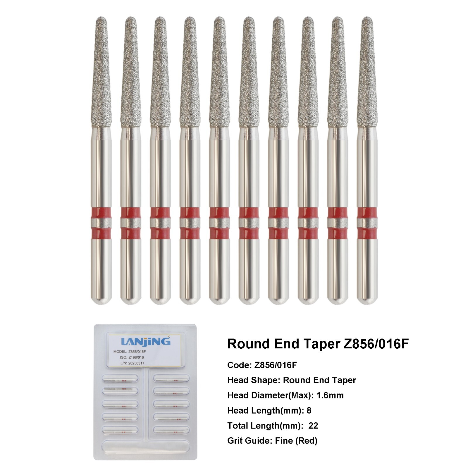 Dental Diamond Zirconia Cutting Burs Round End Taper Z856/016F Friction Grip FG