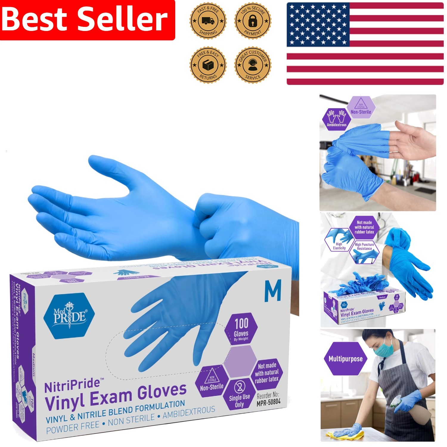 Disposable Blue Nitrile Vinyl Blend Gloves Medium Food Grade 100 Count