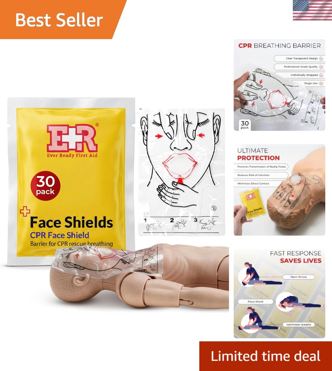 CPR Face Shield fits Adults, Children and Infants – 30 Pack