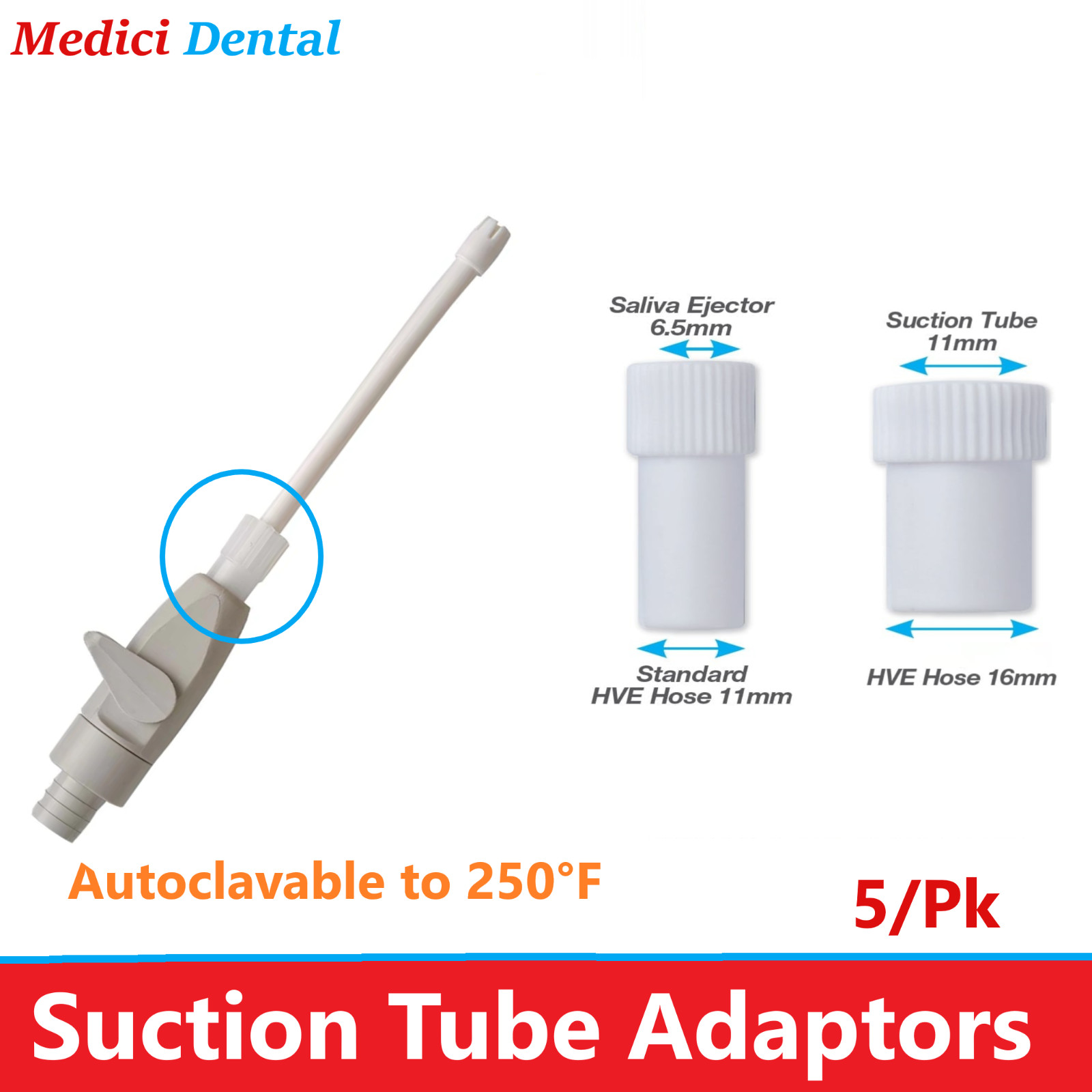 Dental SALIVA EJECTOR to HVE ADAPTERS, White, Autoclavable to 250°F, 5/Pack
