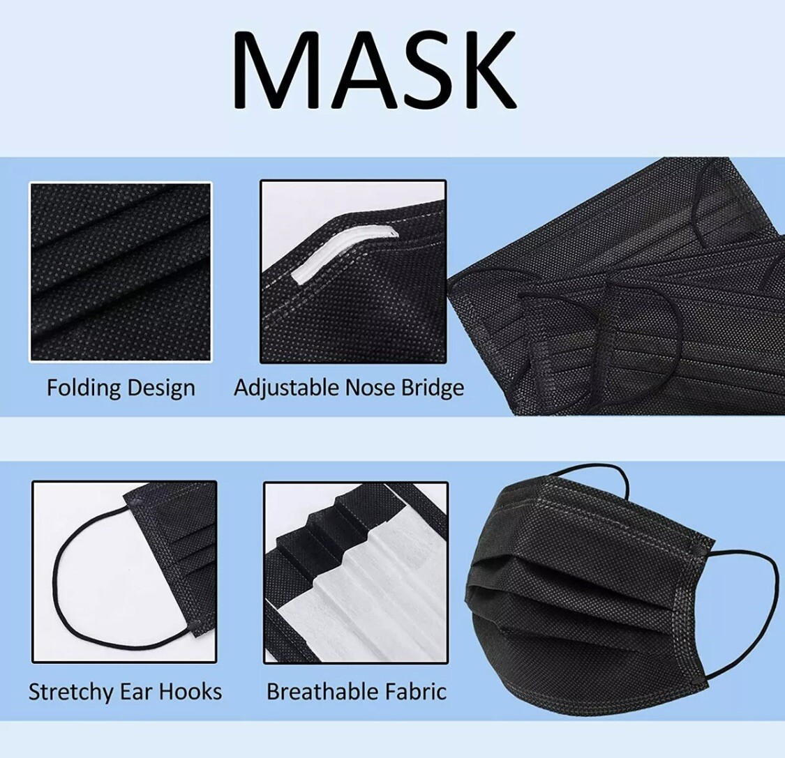 50PC Disposable Black Face Mask Non Medical Surgical 3 Ply Ear loop Black Masks