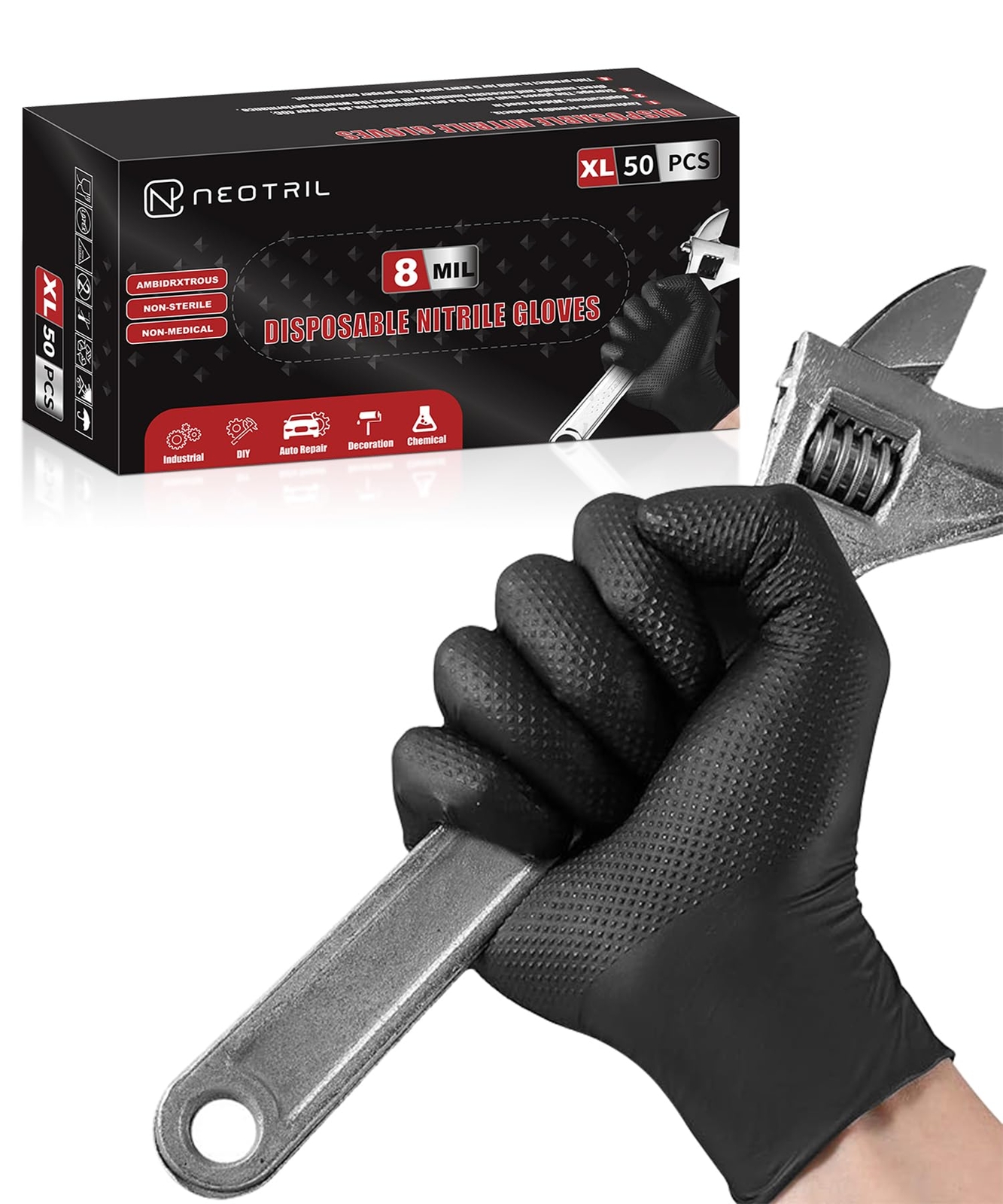 8 Mil Heavy Duty Disposable Nitrile Gloves With Diamond Texture Grip Rubber Glov