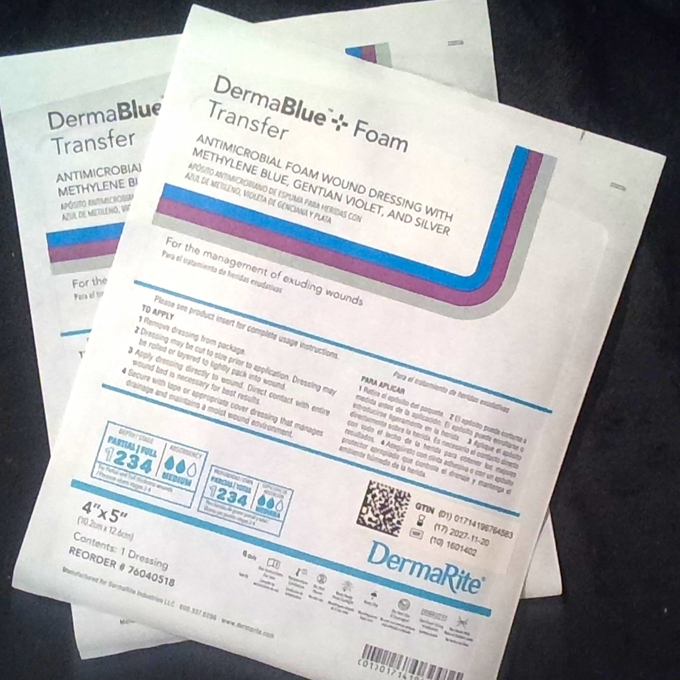 DermaRite DermaBlue Foam Transfer Antimicrobial Foam Dressing 4x5in *2 Pcs*
