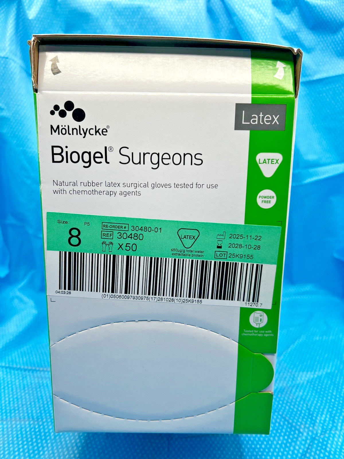*50-Pairs* Molnlycke Biogel Surgeons Latex Surgical Gloves Size-8 Sterile 30480