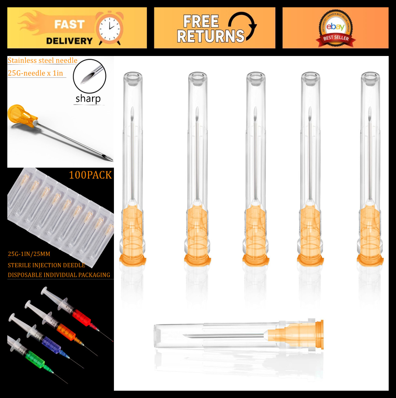 100 Pack 25Ga 1-Inch Disposable Lab Needles, Individually Sealed, Medical Suppli