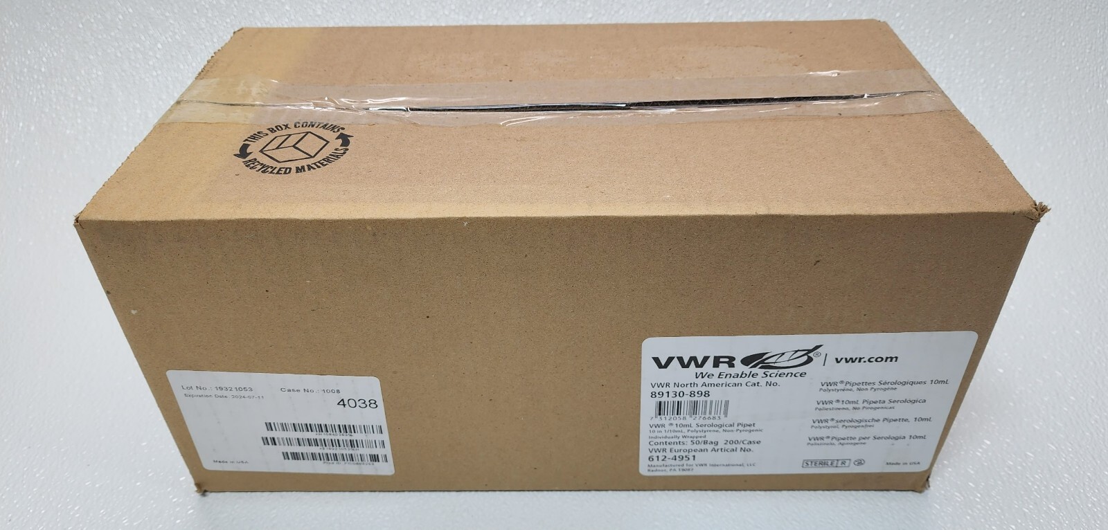 VWR 89130-898 Disposable 10mL Plugged Serological Pipet, Sterile Case/200
