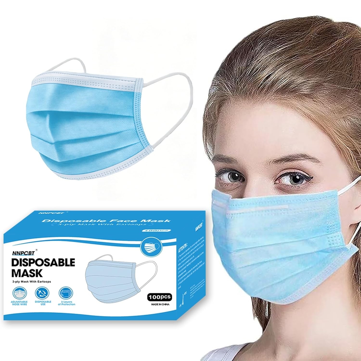 Blue Disposable Face Masks 100 Pack 3 Ply Breathable Adult Protection Mask