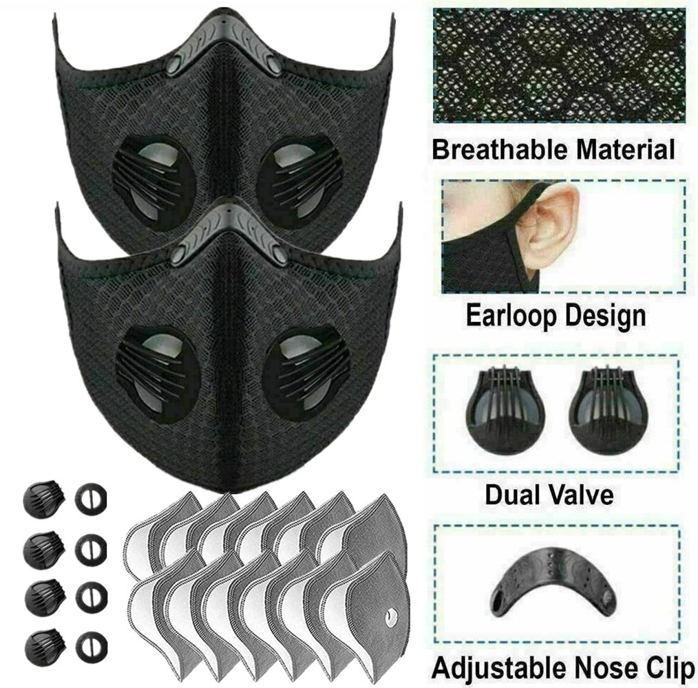 2* Reusable Cycling Sports Face Mask Breathing Valves With Replacement Filter US