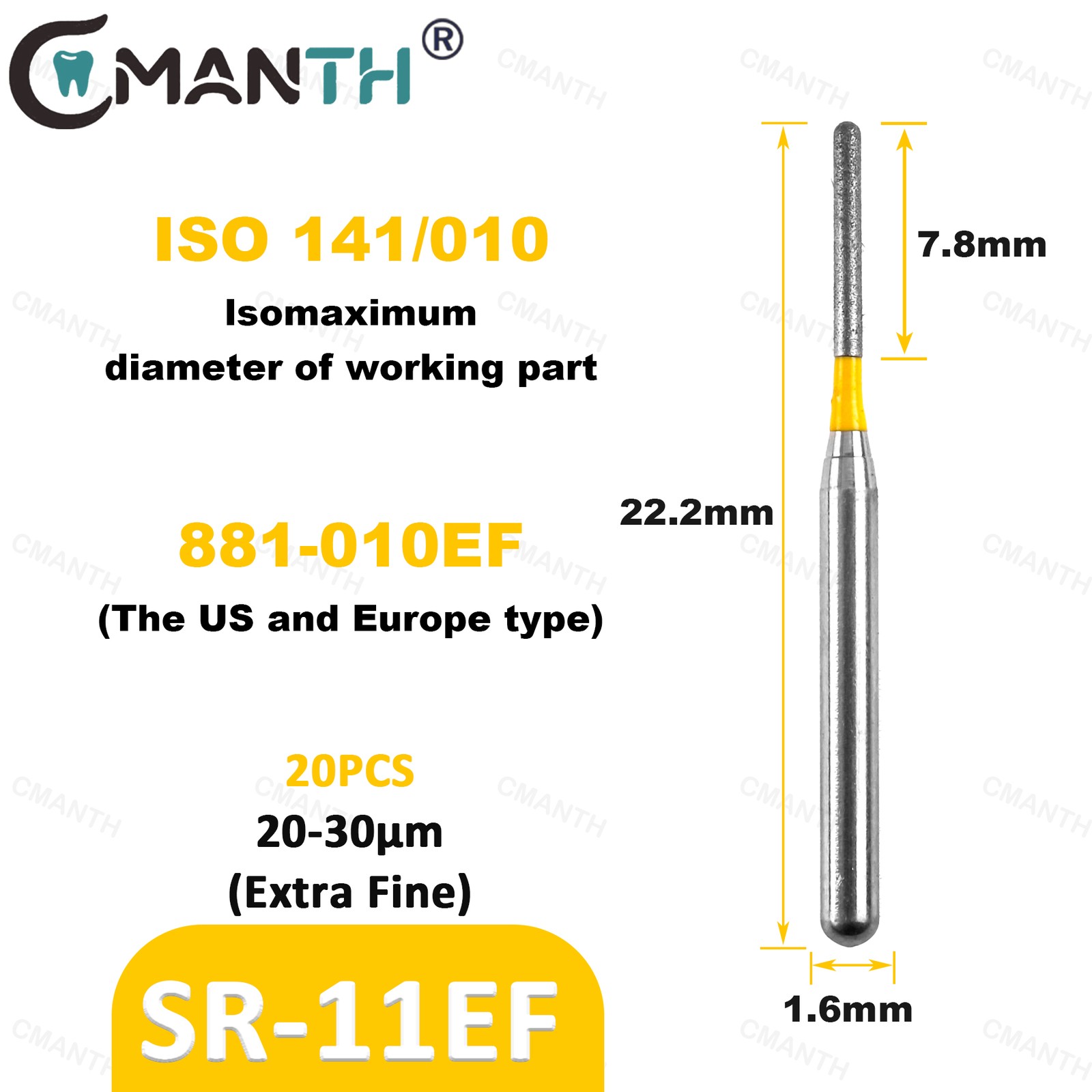 US Dental Bur Diamond Burs Dentistry Drills Nail Filing For High Speed Dia.1.6mm