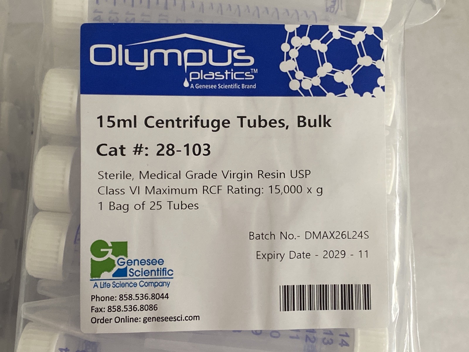 (250) OLYMPUS 15mL PP Graduated Conical Centrifuge Tubes w/ Screw Caps 28-103