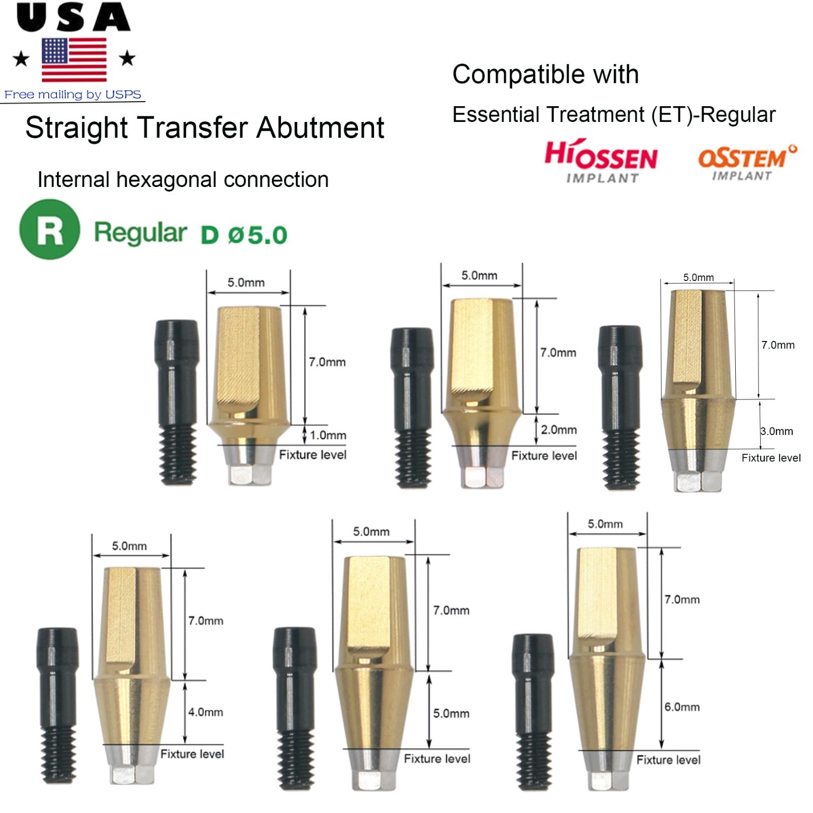 Dental Ti Mini Regular Platform Straight Transfer Abutment Hex Fits Hiossen ET