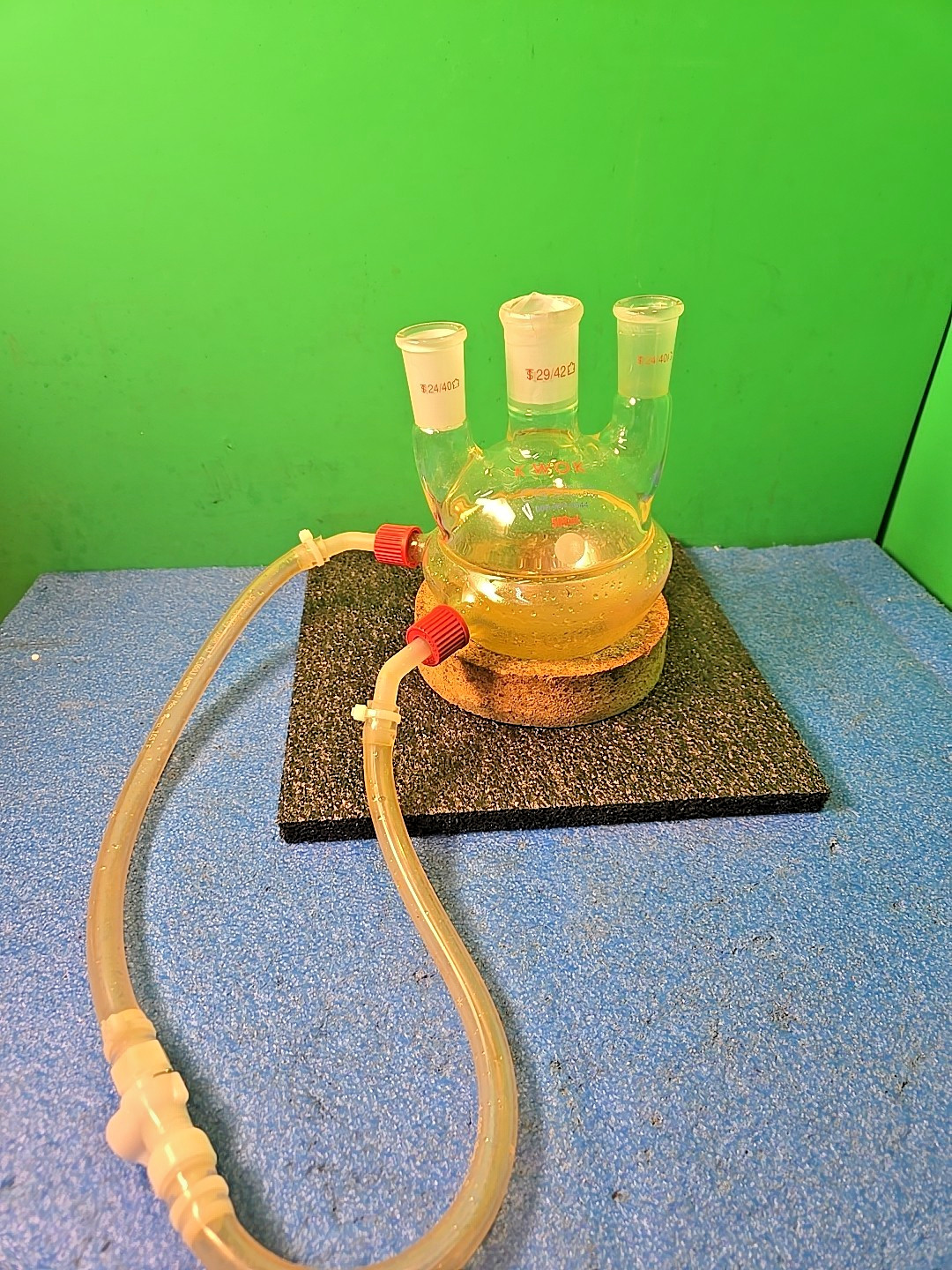 Kimble 500mL 3-Neck Half Jacketed HW Round Bottom Flask 29/42, 24/40,TESTED Good