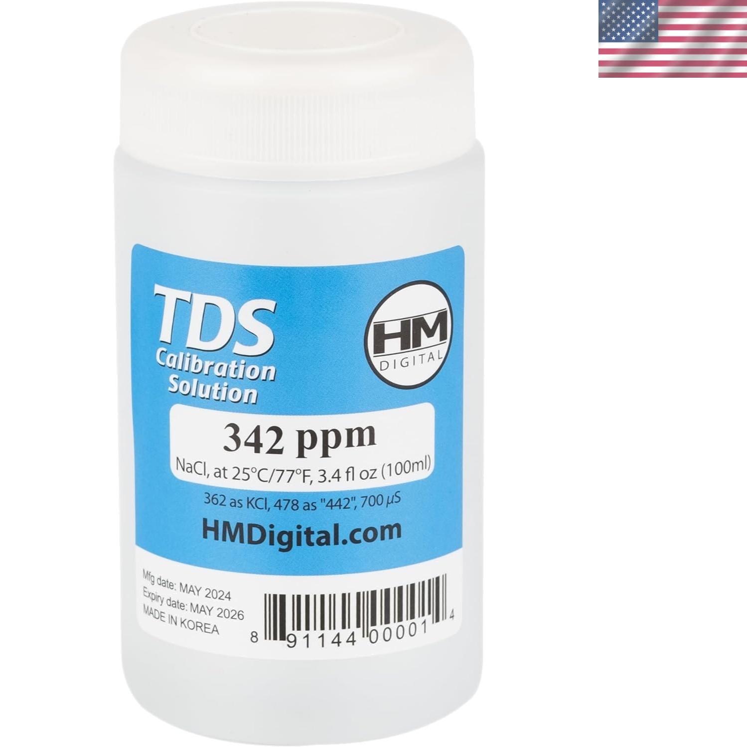 TDS and EC Calibration Solution, 342 ppm NaCl, 90 ml Volume, Transparent/Blue