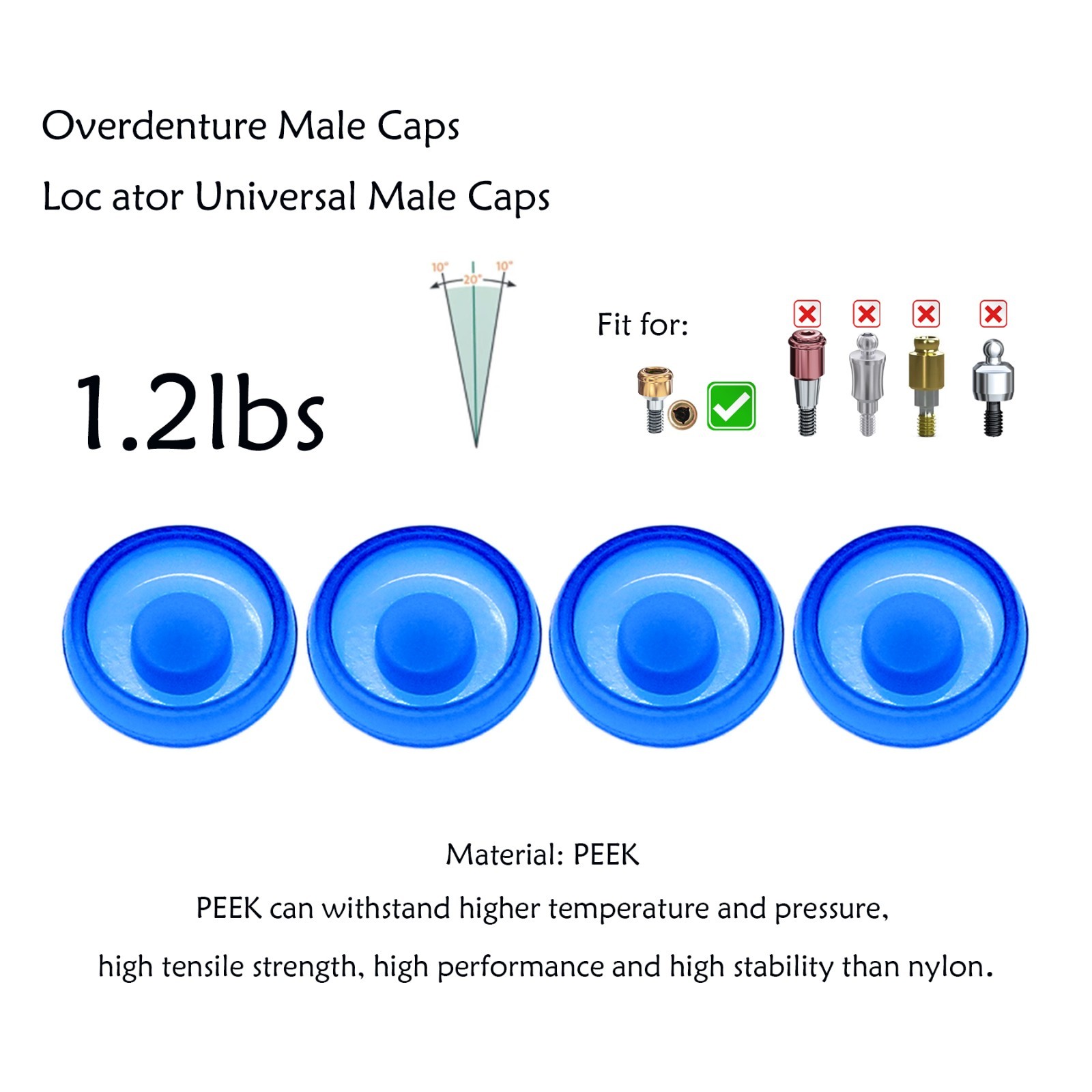 Universal Dental Overdenture Retention Male Caps Insert for Zest Locator System