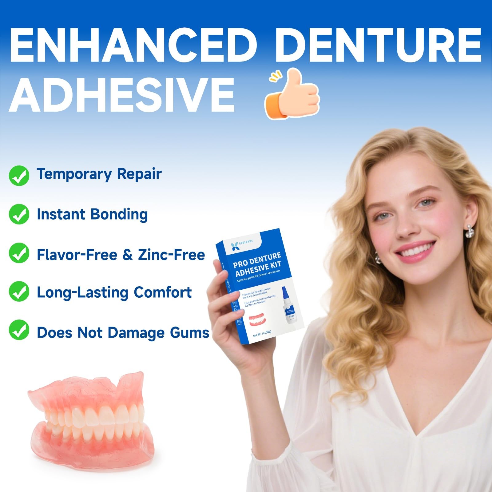 Dental Lab Denture Repair Adhesive Kit, 1oz Instant Bonding Clear