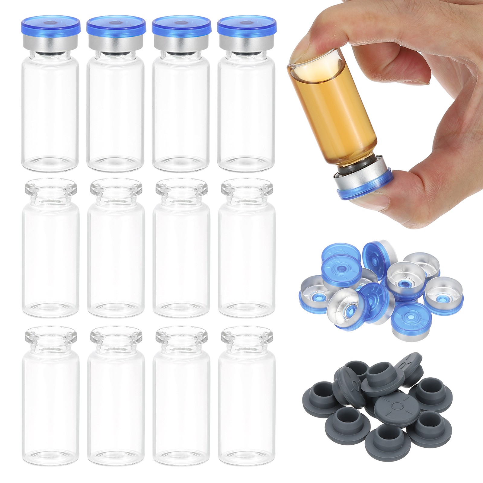 12pcs 10ml Small Clear Glass Vials with Blue Silver Color
