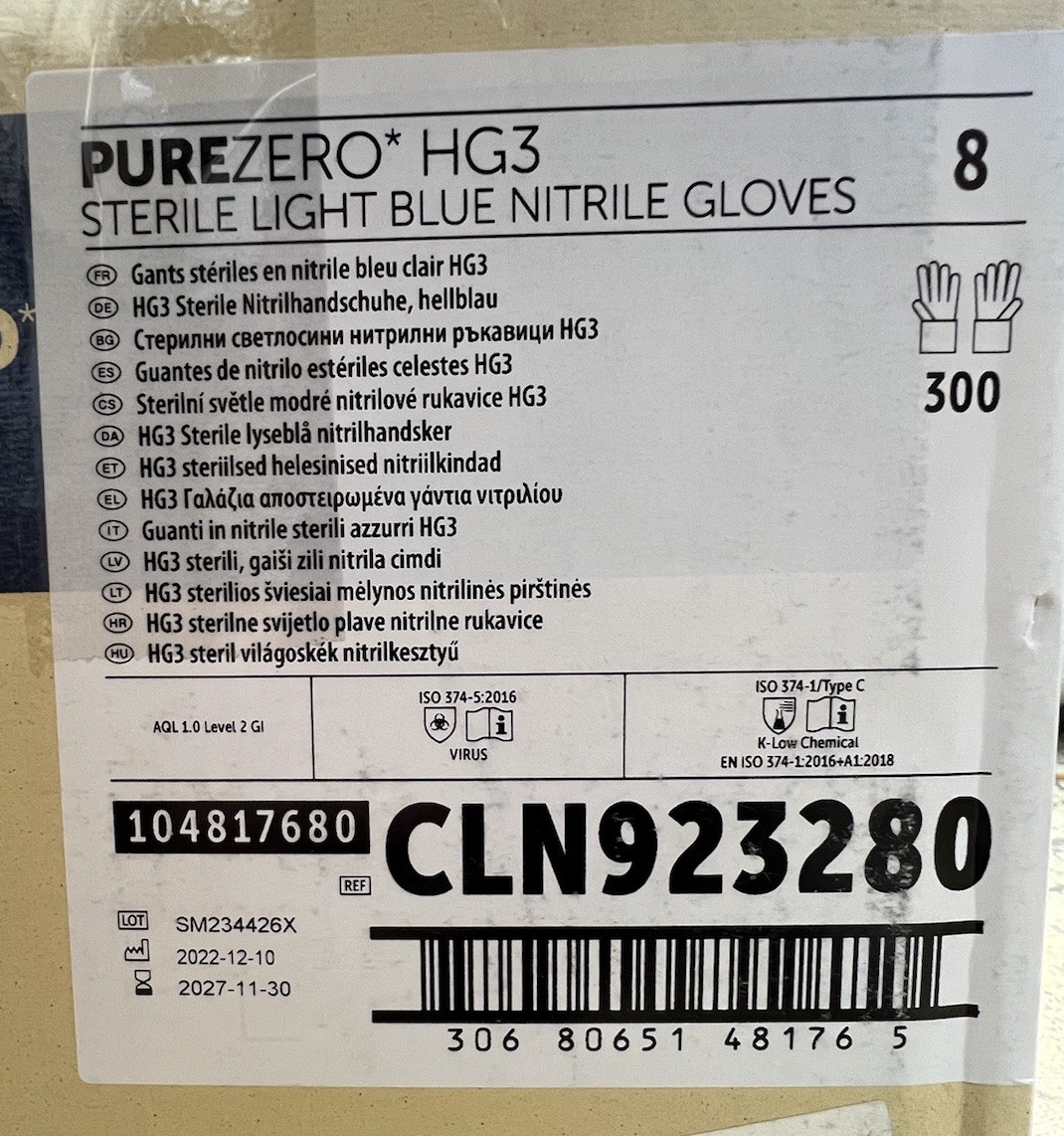 Halyard PureZero HG3 CLN923280 Sterile Light Blue Nitrile Gloves Size 8 Case