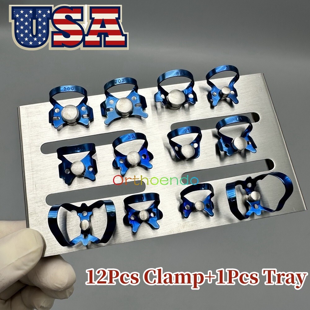 Endodontic Rubber Dam Clamp Blue 12Pc/Kit Dental Instruments With Sliver Tray US