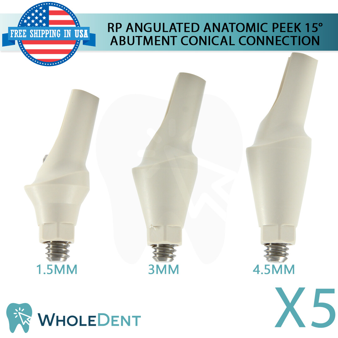5x Dental Angulated 15° Anatomic Temporary Peek Prosthetic RP Conical 2.65mm