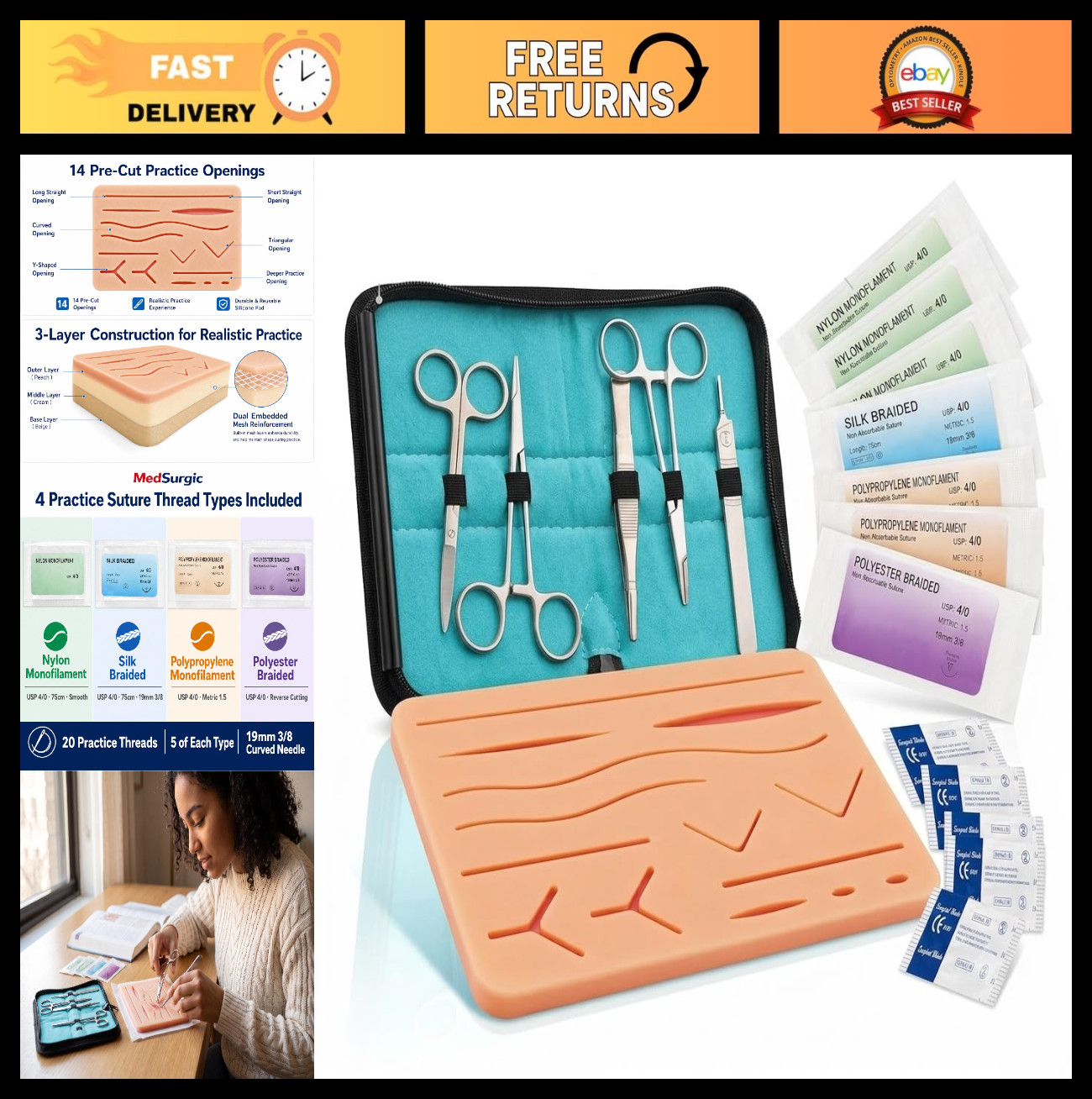 Suture Practice Kit for Medical & Vet Students – 32-Piece Surgical Training Set