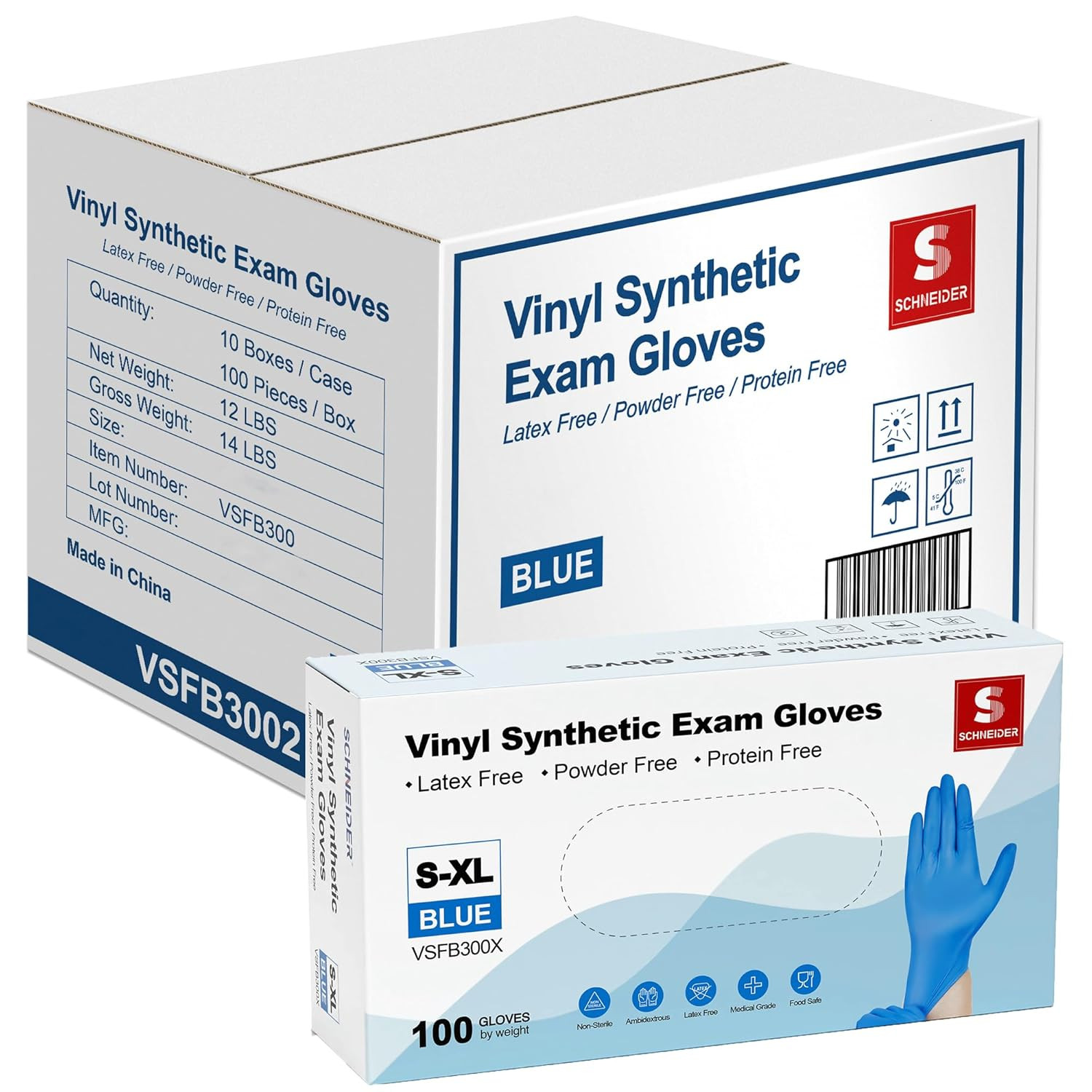 Blue Vinyl Synthetic Exam Gloves, Large, Case of 1000, 4-Mil, Powder-Free, Latex