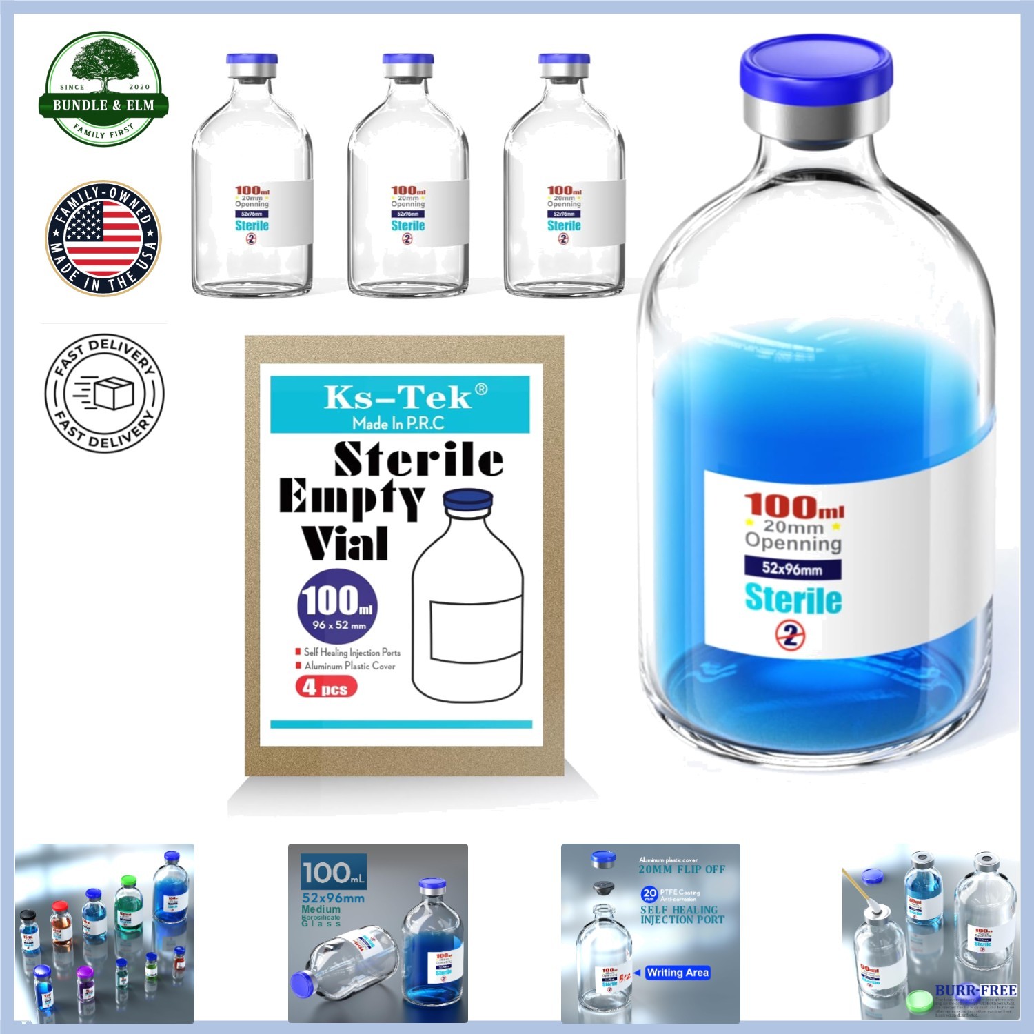 Sterile Vials 100ml with Self Healing Injection Port for Juices and Smoothies