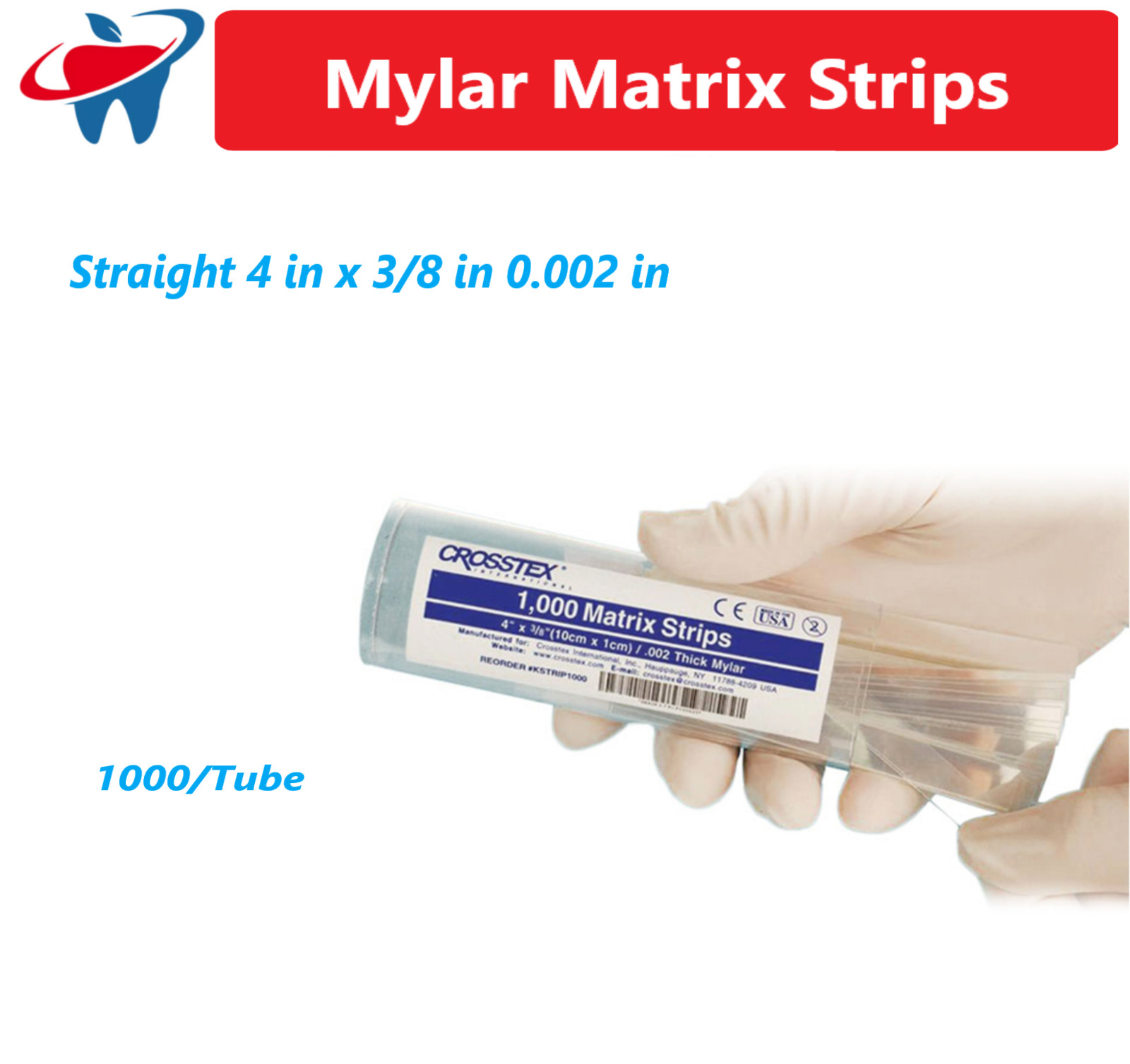 Dental Mylar Matrix Strips Straight 4 in x 3/8 in 0.002 in, 1000/Tube Crosstex