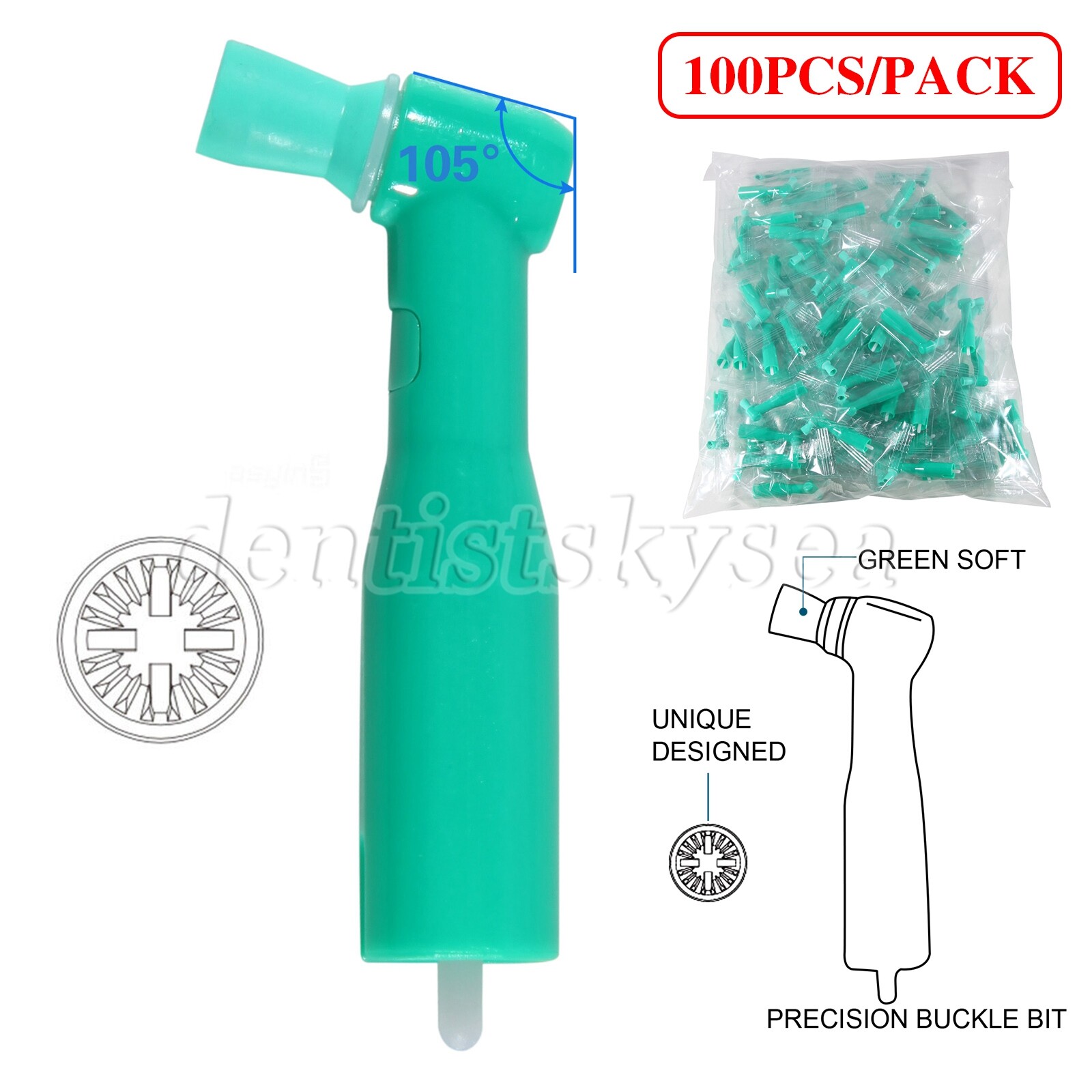 100pcs Dental Prophy Angle Polish Cup Disposable 105° Contra Angle Brush Green