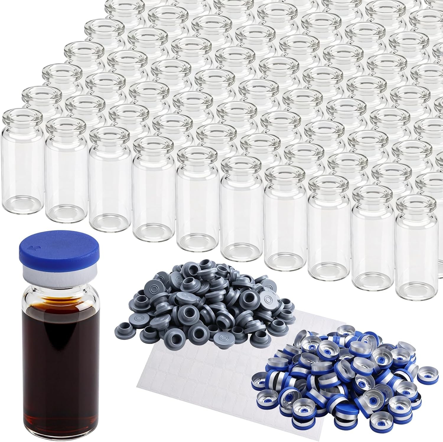 100Pcs10ml Glass Vials Clear Glass Headspace Vial w/ Plastic-Aluminum Flip Caps
