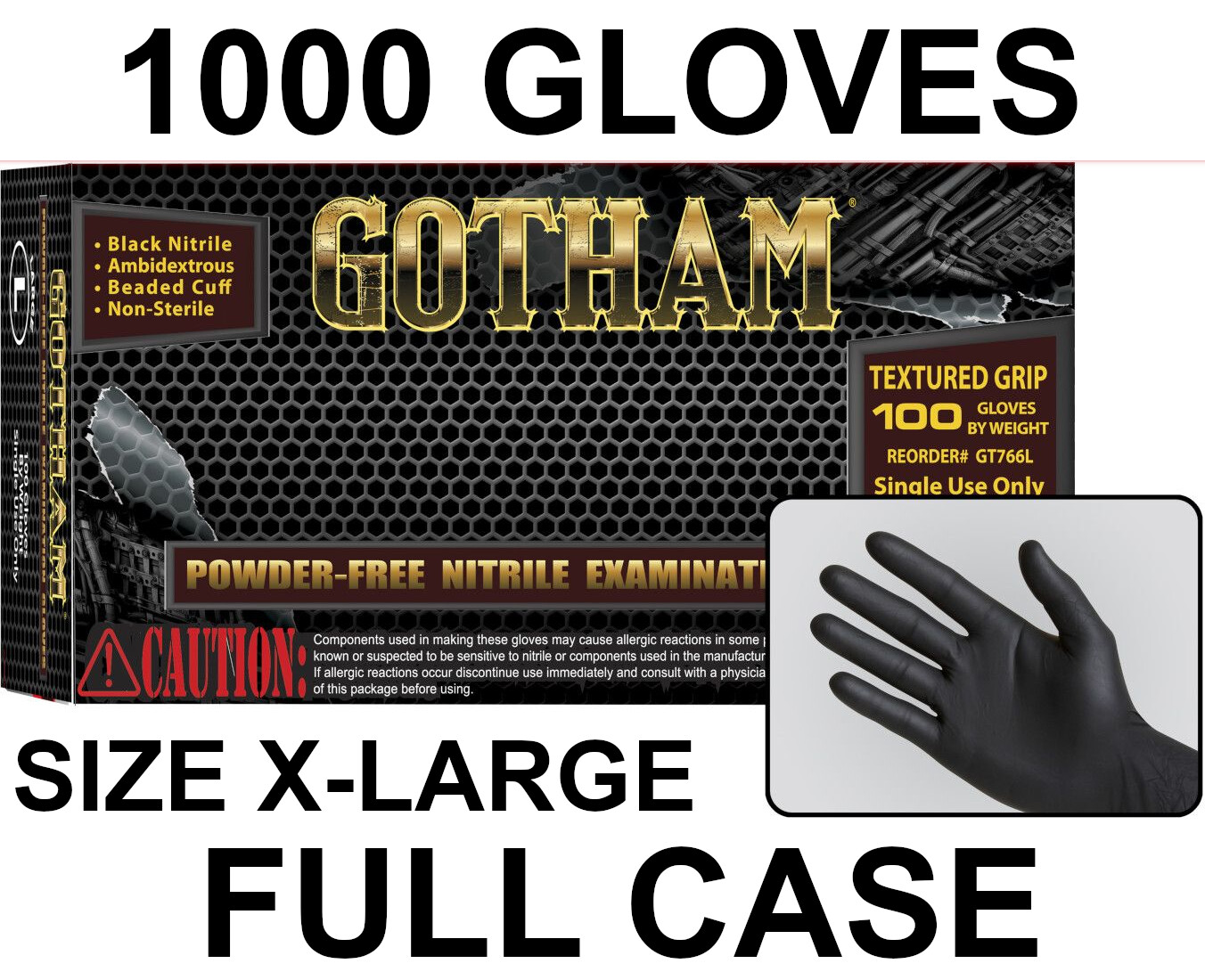 GOTHAM Black Nitrile Examination Gloves, Powder Free, Case of 1000 Size X-LARGE