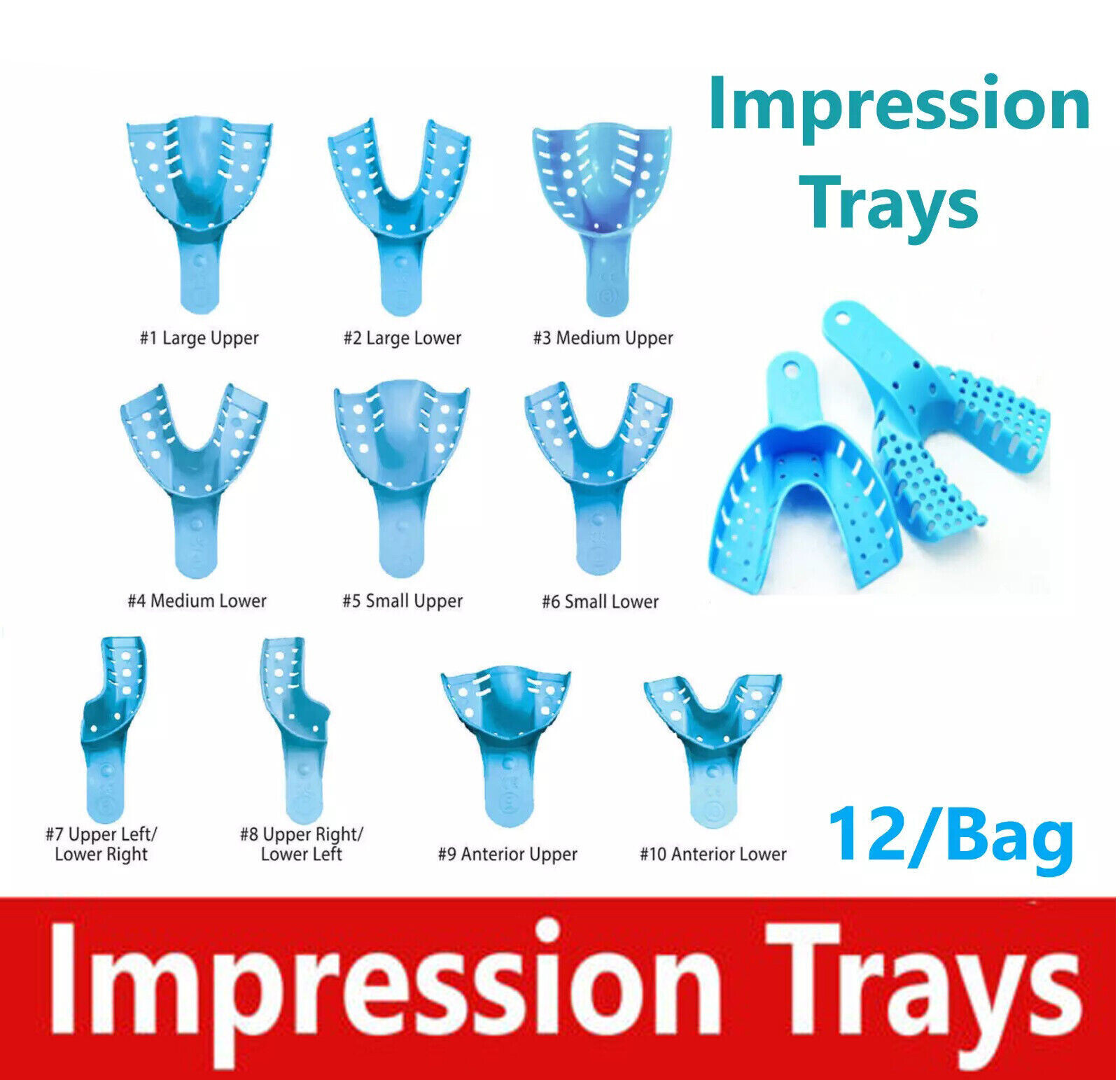 12 Pcs Dental Impression Trays Perforated Plastic Tray 121°C Autoclave 10 Size