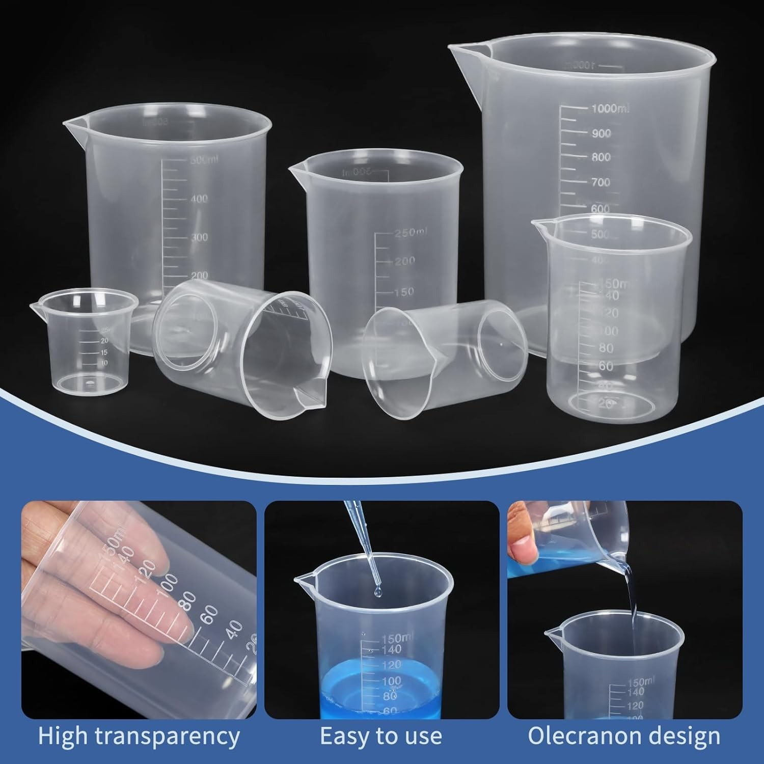 Clear Measuring Beaker Set – 30ml to 1000ml with 20 Droppers for Laboratories